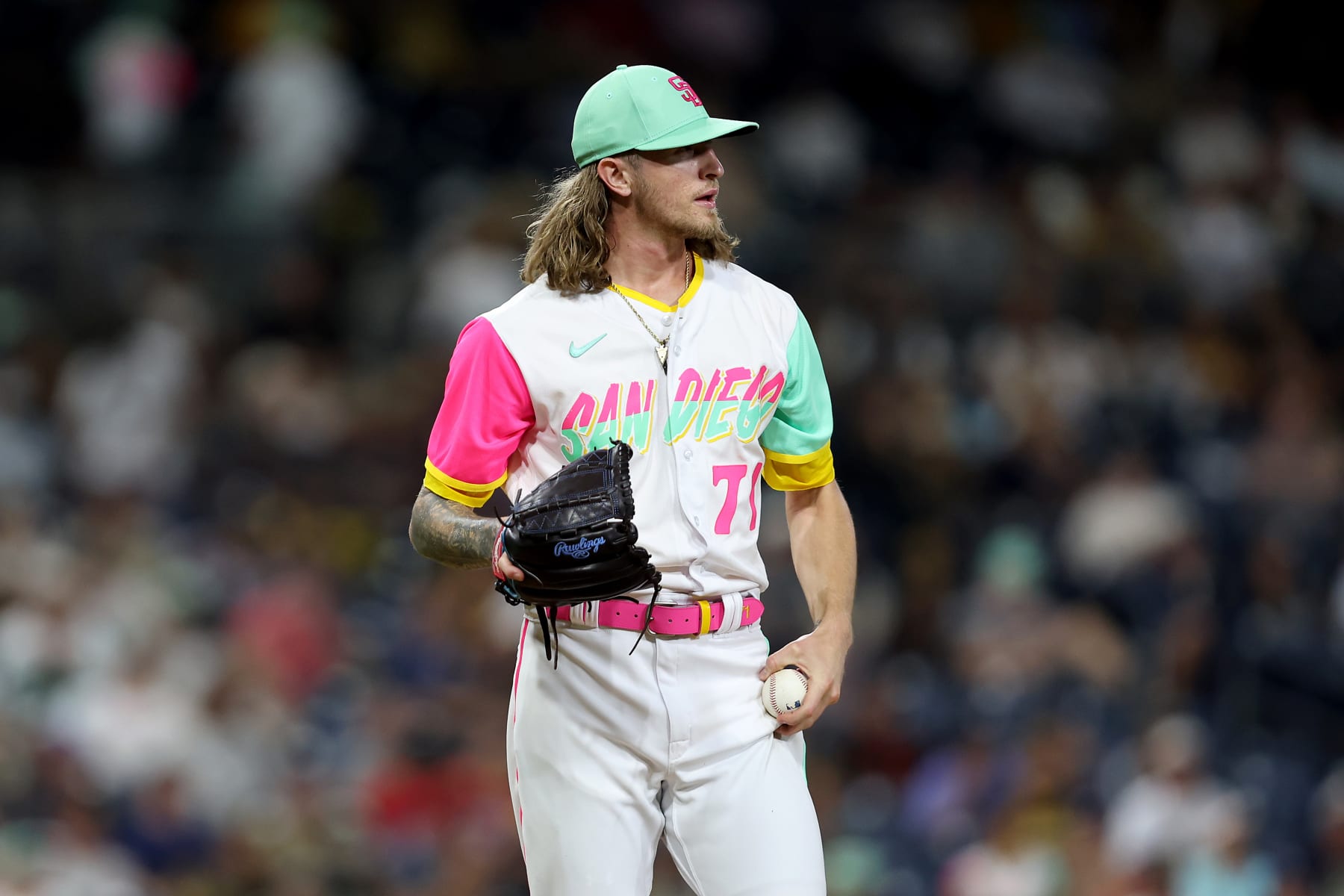 SAN DIEGO, CALIFORNIA - AUGUST 19: Josh Hader #71 of the San Diego Padres looks on after allowing a two-run homerun to Alex Call #62 of the Washington Nationals during the ninth inning of a game at PETCO Park on August 19, 2022 in San Diego, California. (Photo by Sean M. Haffey/Getty Images)