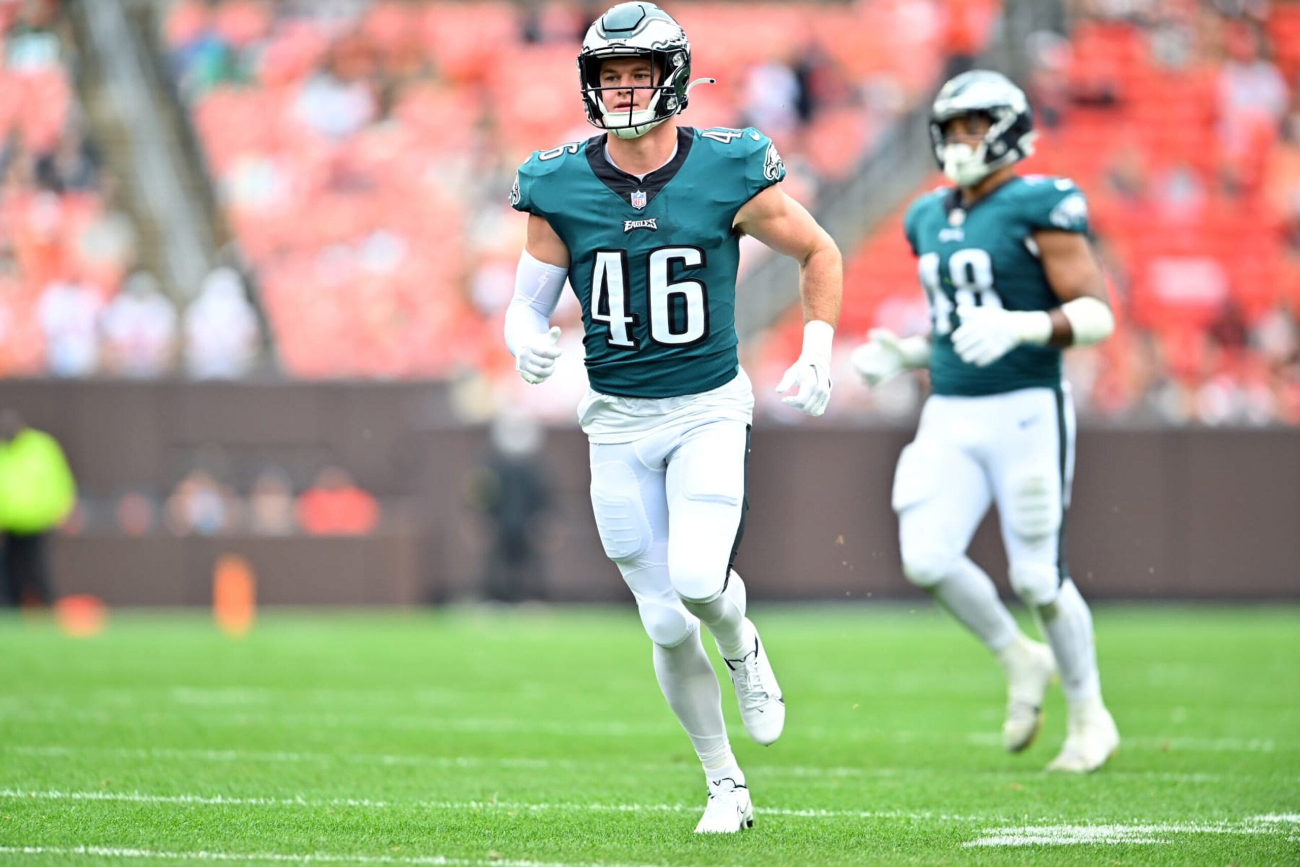 CLEVELAND, OHIO - AUGUST 21: Safety Reed Blankenship #46 of the Philadelphia Eagles runs a play during the second quarter of a preseason game against the Cleveland Browns at FirstEnergy Stadium on August 21, 2022 in Cleveland, Ohio. (Photo by Jason Miller/Getty Images)