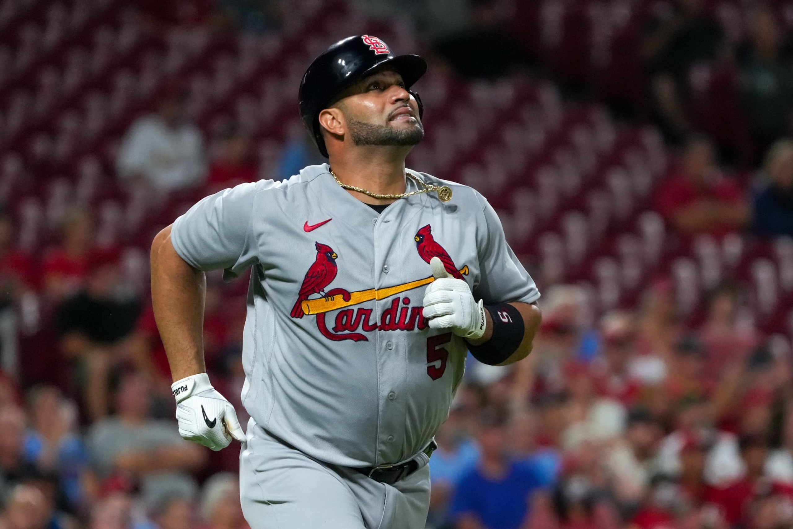 CINCINNATI, OHIO - AUGUST 29: Albert Pujols #5 of the St. Louis Cardinals flies out in the fifth inning against the Cincinnati Reds at Great American Ball Park on August 29, 2022 in Cincinnati, Ohio. (Photo by Dylan Buell/Getty Images)