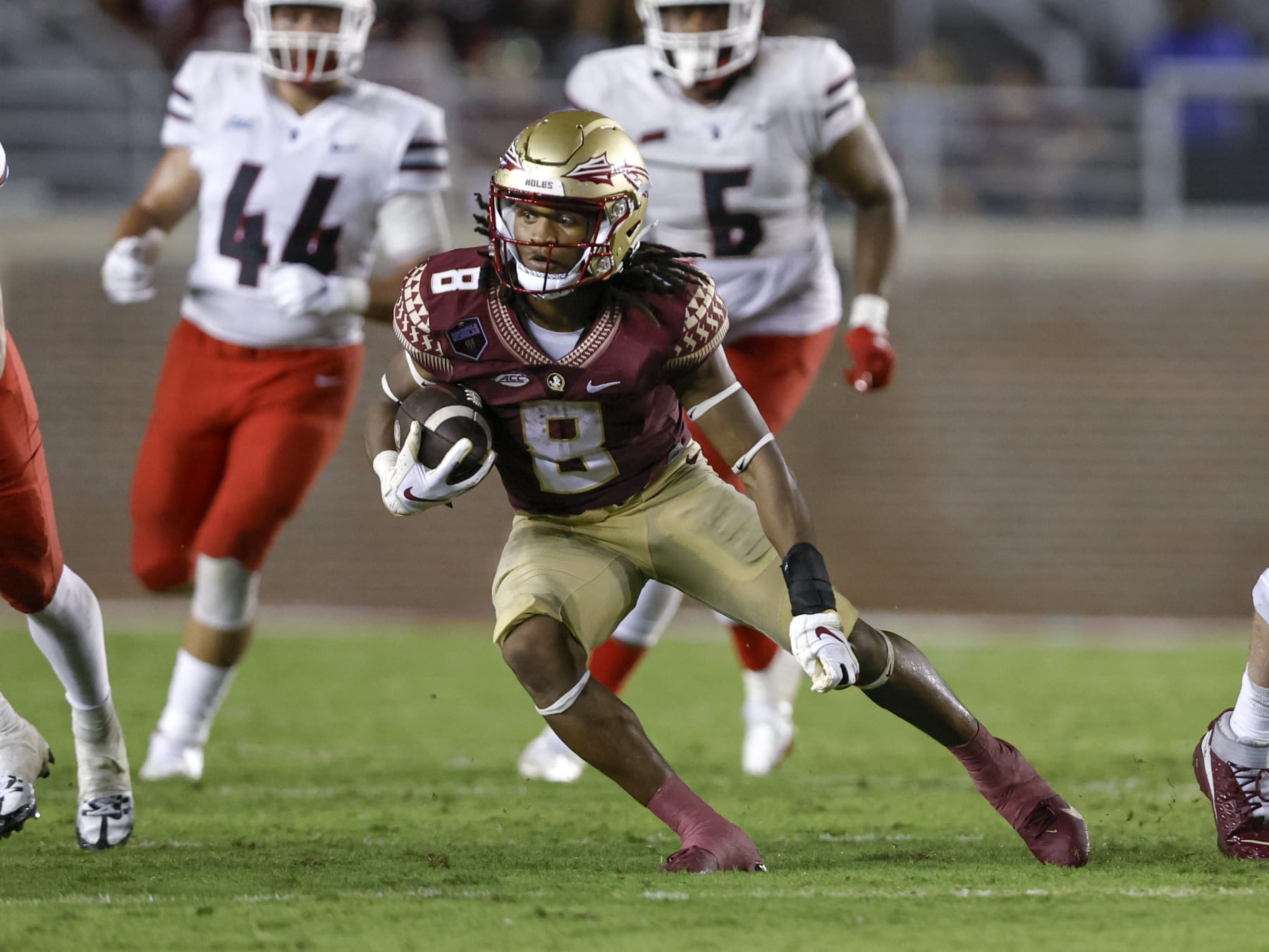TALLAHASSEE, FL - AUGUST 27: Runningback Treshaun Ward #8 of the Florida State Seminoles on a running play during the game against the Duquesne Dukes at Doak Campbell Stadium on Bobby Bowden Field on August 27, 2022 in Tallahassee, Florida. The Seminoles defeated the Dukes 47 to 7.  (Photo by Don Juan Moore/Getty Images)