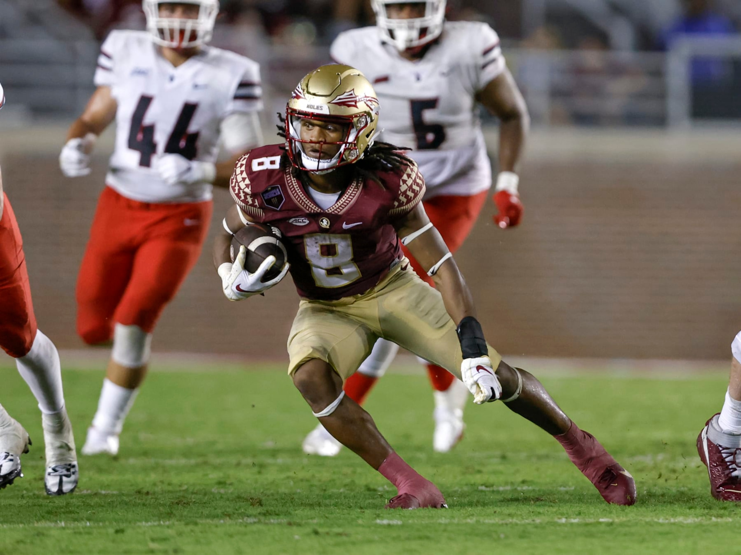 TALLAHASSEE, FL - AUGUST 27: Runningback Treshaun Ward #8 of the Florida State Seminoles on a running play during the game against the Duquesne Dukes at Doak Campbell Stadium on Bobby Bowden Field on August 27, 2022 in Tallahassee, Florida. The Seminoles defeated the Dukes 47 to 7. (Photo by Don Juan Moore/Getty Images) TALLAHASSEE, FL - AUGUST 27: Runningback Treshaun Ward #8 of the Florida State Seminoles on a running play during the game against the Duquesne Dukes at Doak Campbell Stadium on Bobby Bowden Field on August 27, 2022 in Tallahassee, Florida. The Seminoles defeated the Dukes 47 to 7. (Photo by Don Juan Moore/Getty Images)