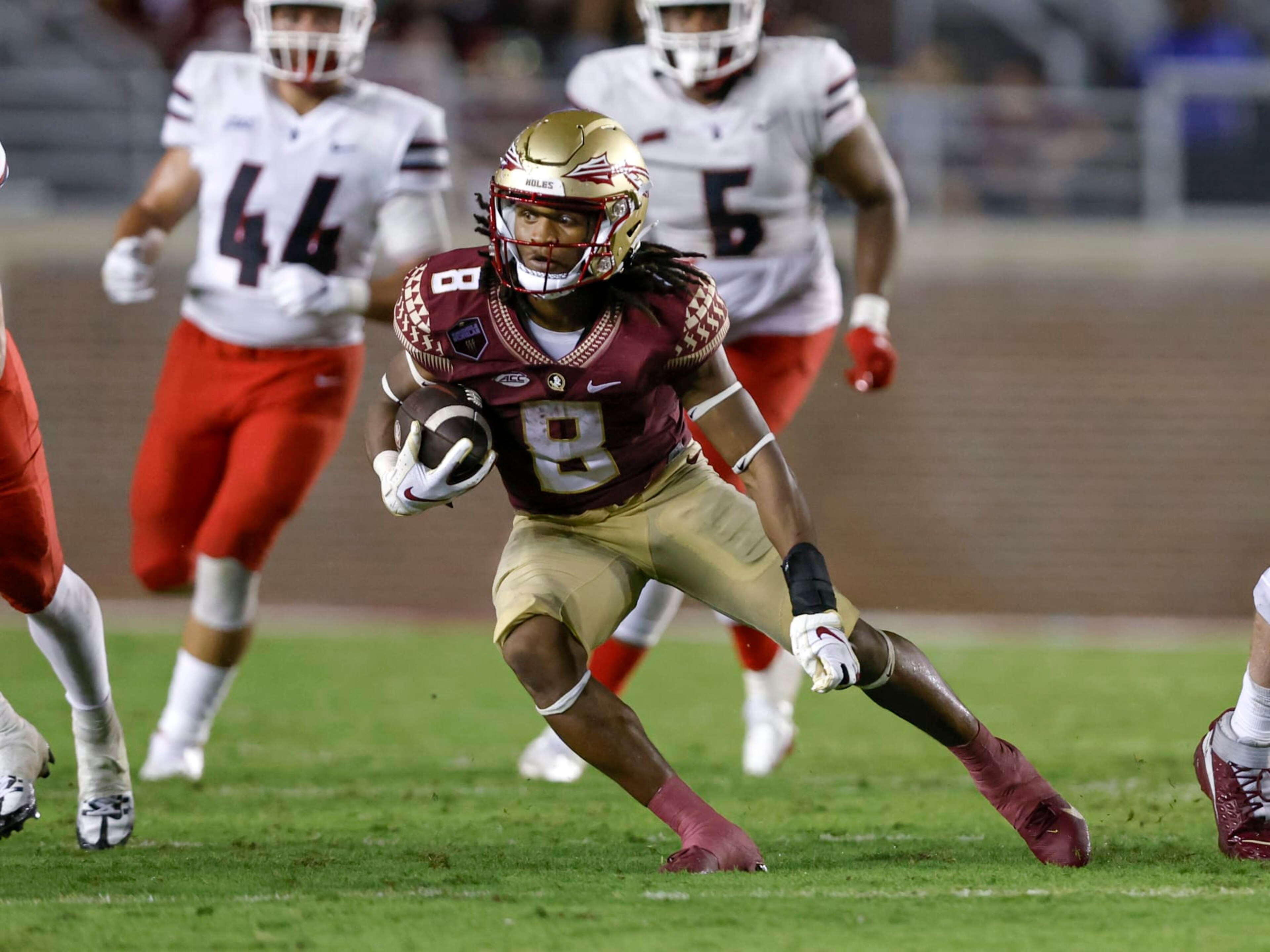 TALLAHASSEE, FL - AUGUST 27: Runningback Treshaun Ward #8 of the Florida State Seminoles on a running play during the game against the Duquesne Dukes at Doak Campbell Stadium on Bobby Bowden Field on August 27, 2022 in Tallahassee, Florida. The Seminoles defeated the Dukes 47 to 7.  (Photo by Don Juan Moore/Getty Images)