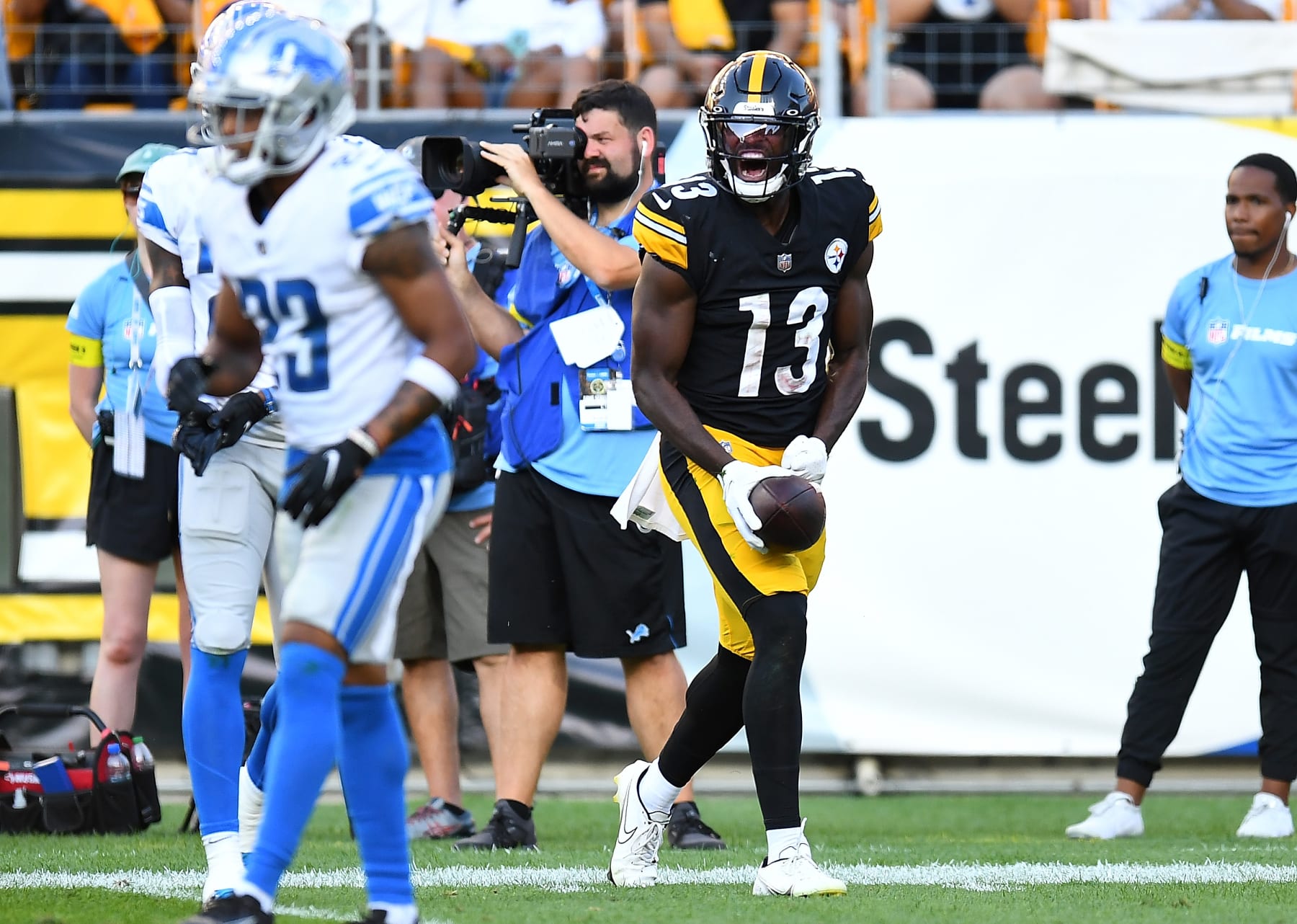 PITTSBURGH, PA - AUGUST 28:  Miles Boykin #13 of the Pittsburgh Steelers reacts after a first down catch against the Detroit Lions during the third quarter at Acrisure Stadium on August 28, 2022 in Pittsburgh, Pennsylvania. (Photo by Joe Sargent/Getty Images)