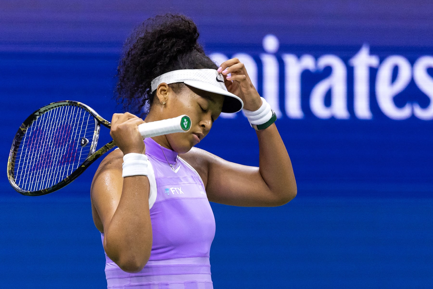 Japan's Naomi Osaka gestures after a point during her 2022 US Open Tennis tournament women's singles first round match against USA's Danielle Collins at the USTA Billie Jean King National Tennis Center in New York, on August 30, 2022. (Photo by COREY SIPKIN / AFP) (Photo by COREY SIPKIN/AFP via Getty Images)