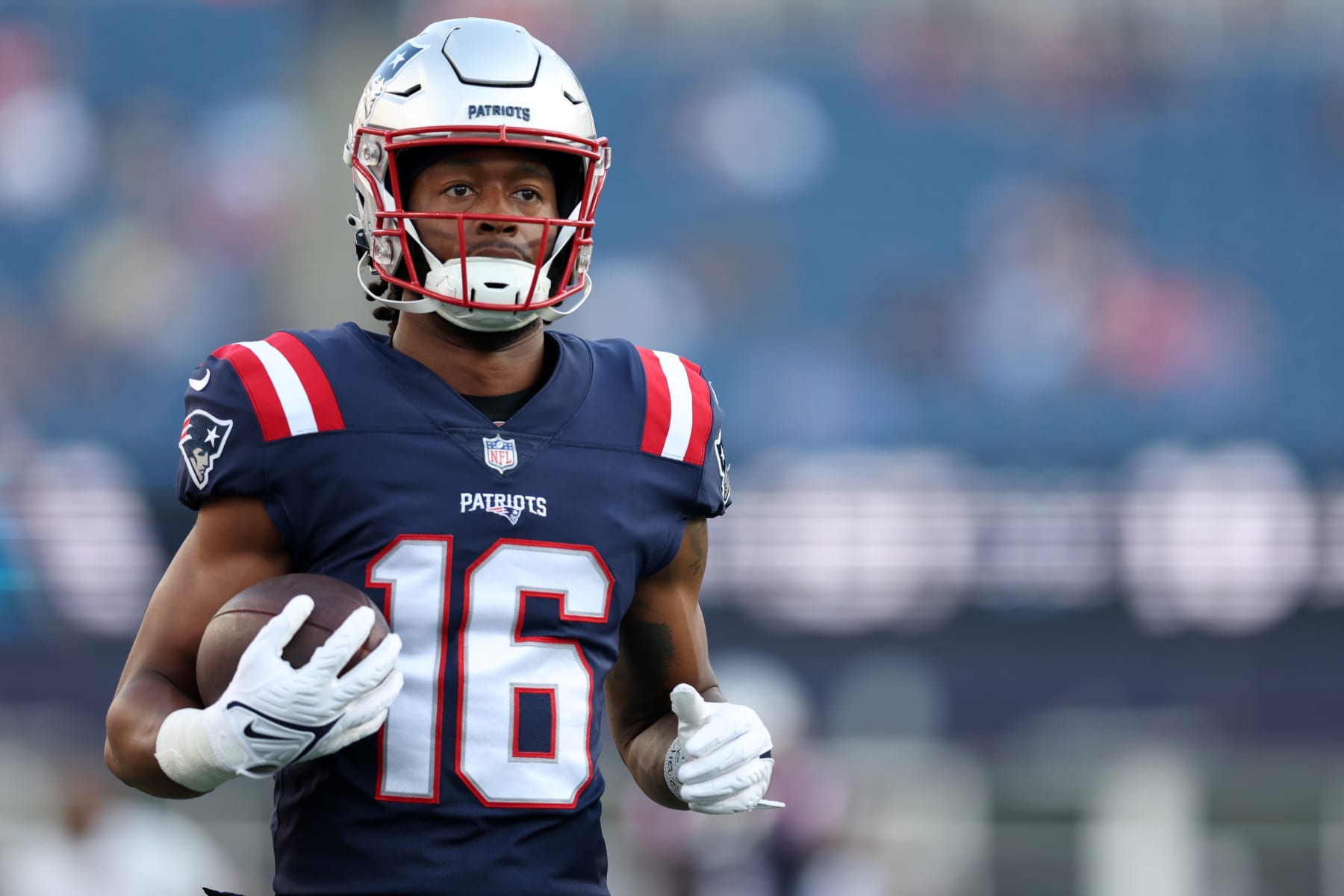 FOXBOROUGH, MASSACHUSETTS - AUGUST 19: Jakobi Meyers #16 of the New England Patriots warms up before the preseason game between the New England Patriots and the Carolina Panthers at Gillette Stadium on August 19, 2022 in Foxborough, Massachusetts. (Photo by Maddie Meyer/Getty Images)