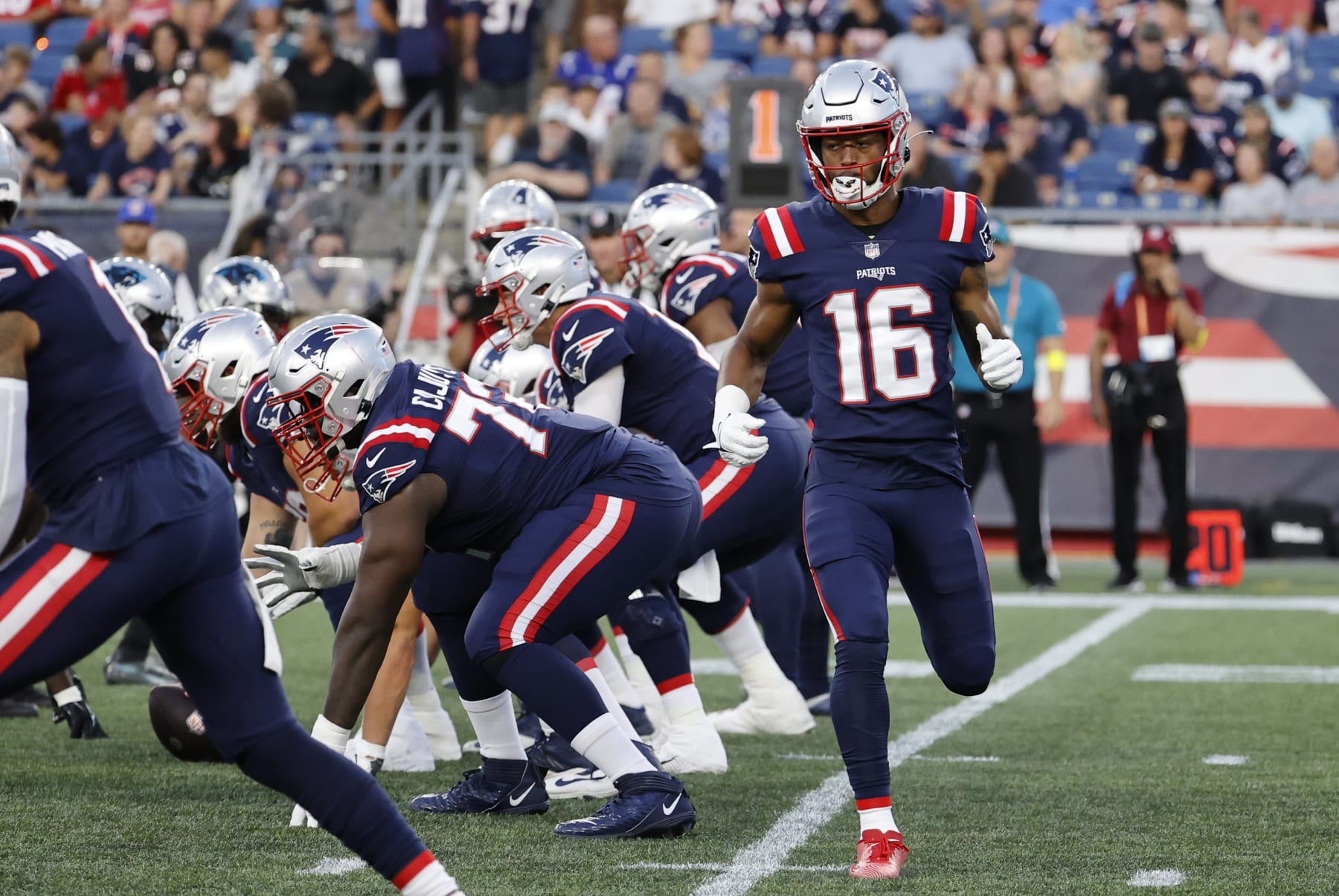FOXBOROUGH, MA - AUGUST 19: New England Patriots wide receiver Jakobi Meyers (16) in motion during an NFL preseason game between the New England Patriots and the Carolina Panthers on August 19, 2022, at Gillette Stadium in Foxborough, Massachusetts. (Photo by Fred Kfoury III/Icon Sportswire via Getty Images)