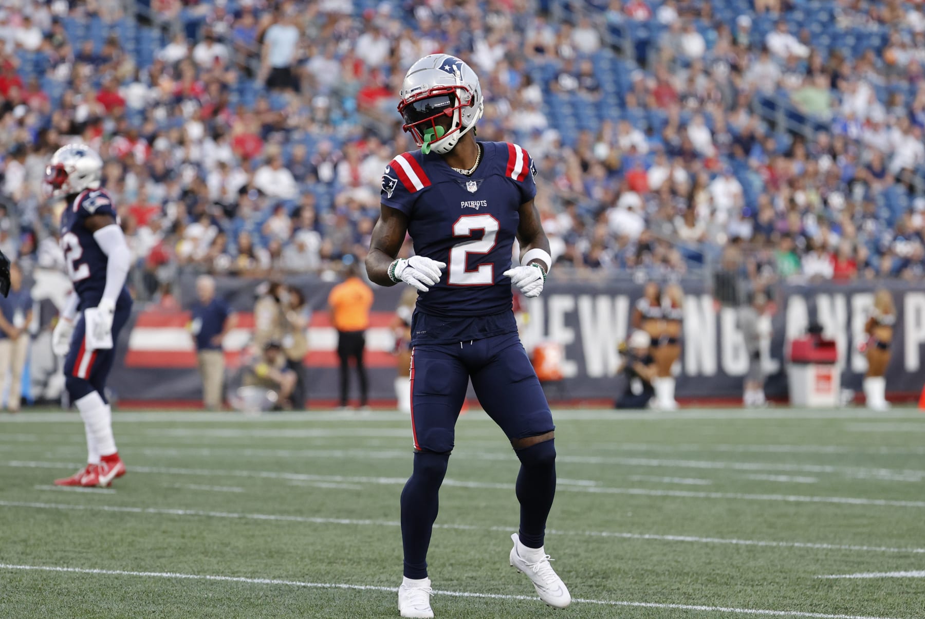 FOXBOROUGH, MA - AUGUST 19: New England Patriots cornerback Jalen Mills (2) during an NFL preseason game between the New England Patriots and the Carolina Panthers on August 19, 2022, at Gillette Stadium in Foxborough, Massachusetts. (Photo by Fred Kfoury III/Icon Sportswire via Getty Images)