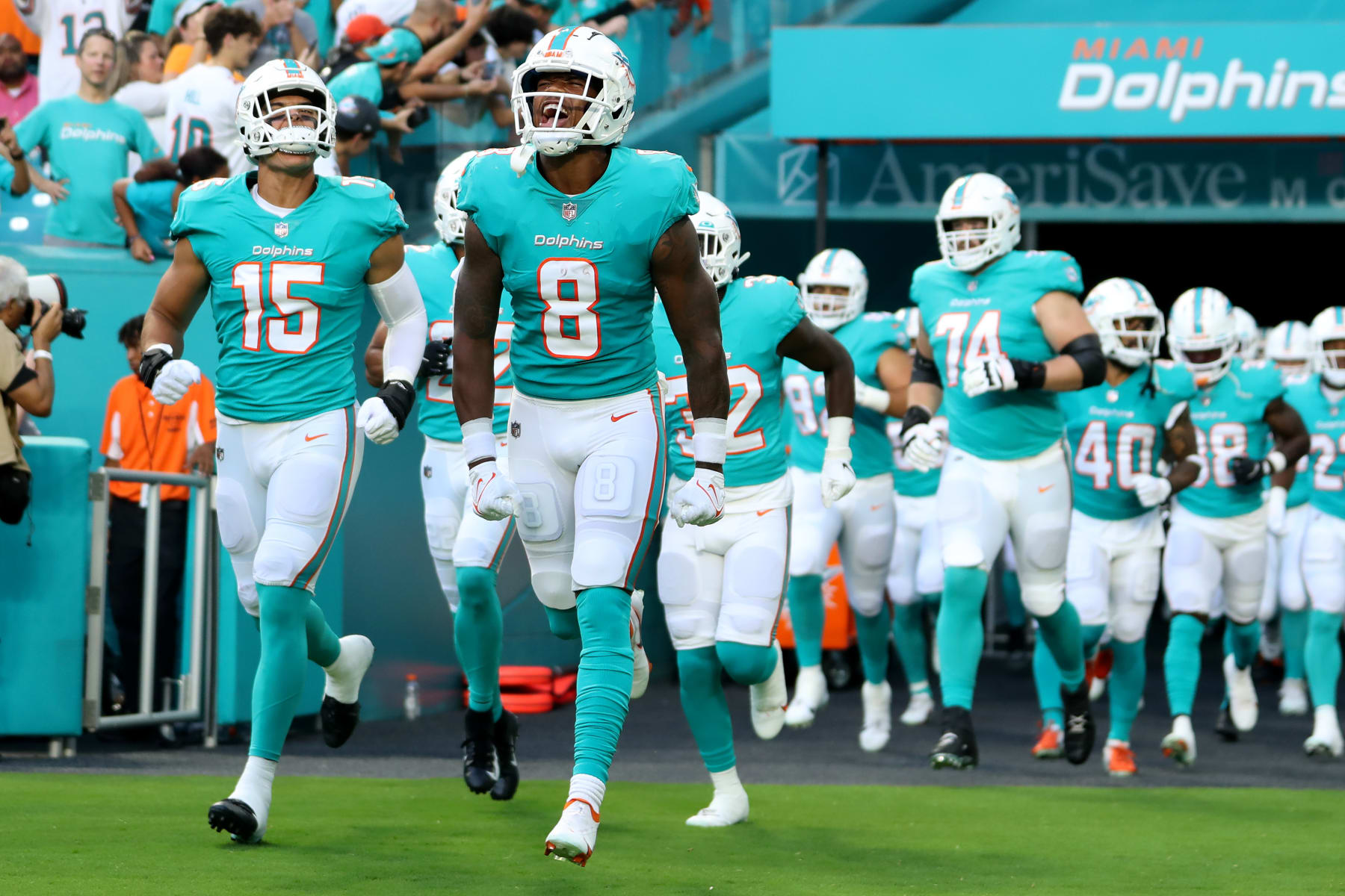 MIAMI GARDENS, FLORIDA - AUGUST 20: Jevon Holland #8 of the Miami Dolphins takes the field prior to playing the Las Vegas Raiders at Hard Rock Stadium on August 20, 2022 in Miami Gardens, Florida. (Photo by Megan Briggs/Getty Images)