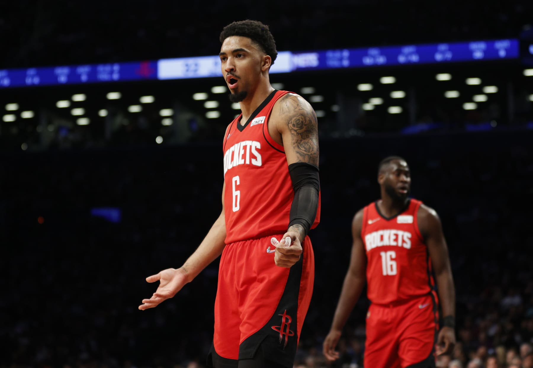 NEW YORK, NEW YORK - APRIL 05: Kenyon Martin Jr. #6 of the Houston Rockets reacts after a call during the first half against the Brooklyn Nets at Barclays Center on April 05, 2022 in the Brooklyn borough of New York City. NOTE TO USER: User expressly acknowledges and agrees that, by downloading and or using this photograph, User is consenting to the terms and conditions of the Getty Images License Agreement. (Photo by Sarah Stier/Getty Images)