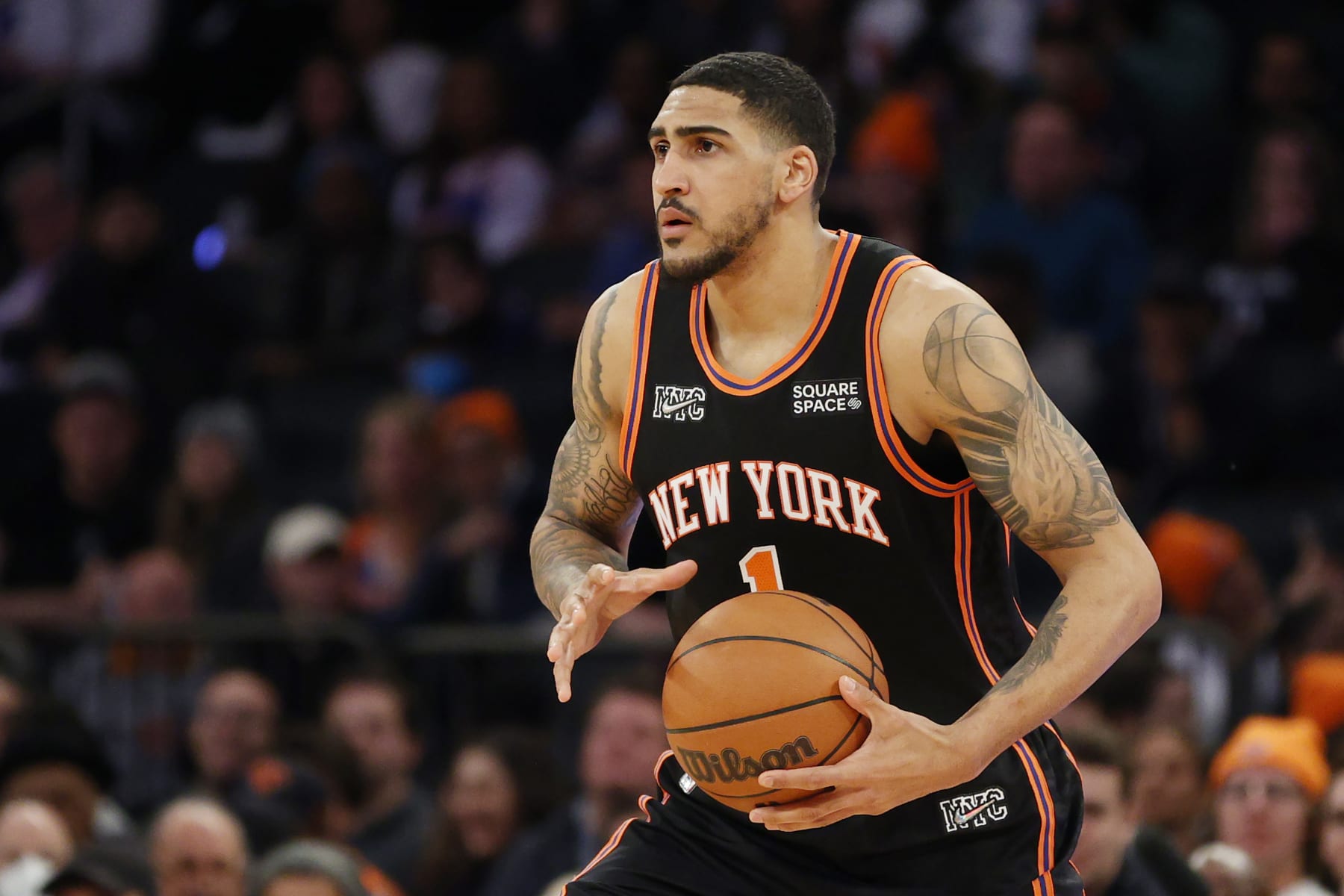 NEW YORK, NEW YORK - APRIL 06: Obi Toppin #1 of the New York Knicks looks to pass during the second half against the Brooklyn Nets at Madison Square Garden on April 06, 2022 in New York City. The Nets won 110-98. NOTE TO USER: User expressly acknowledges and agrees that, by downloading and or using this photograph, User is consenting to the terms and conditions of the Getty Images License Agreement.  (Photo by Sarah Stier/Getty Images)