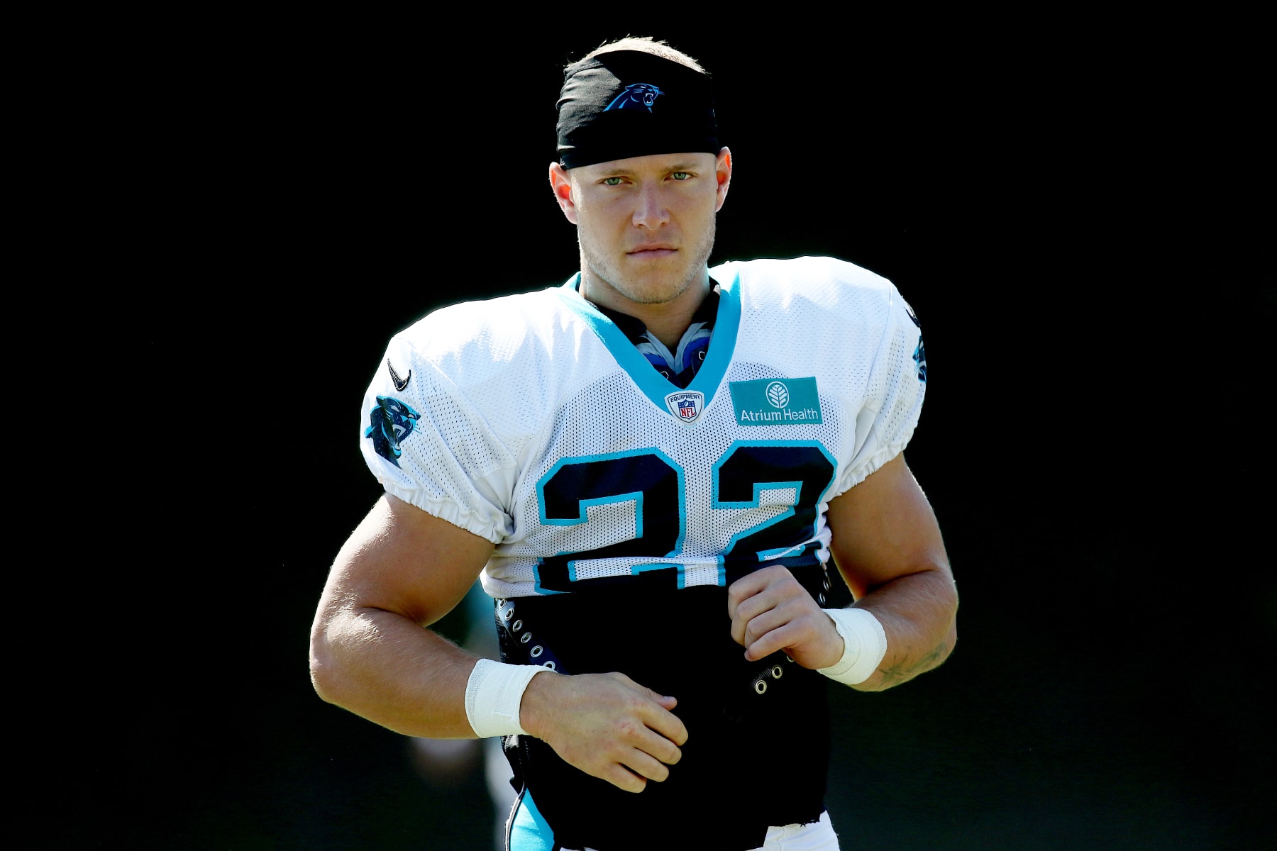 SPARTANBURG, SC - AUGUST 09: Carolina Panthers running back Christian McCaffrey (22) during the Carolina Panthers training camp on August 09, 2022, at Wofford College in Spartanburg, SC. (Photo by John Byrum/Icon Sportswire via Getty Images)