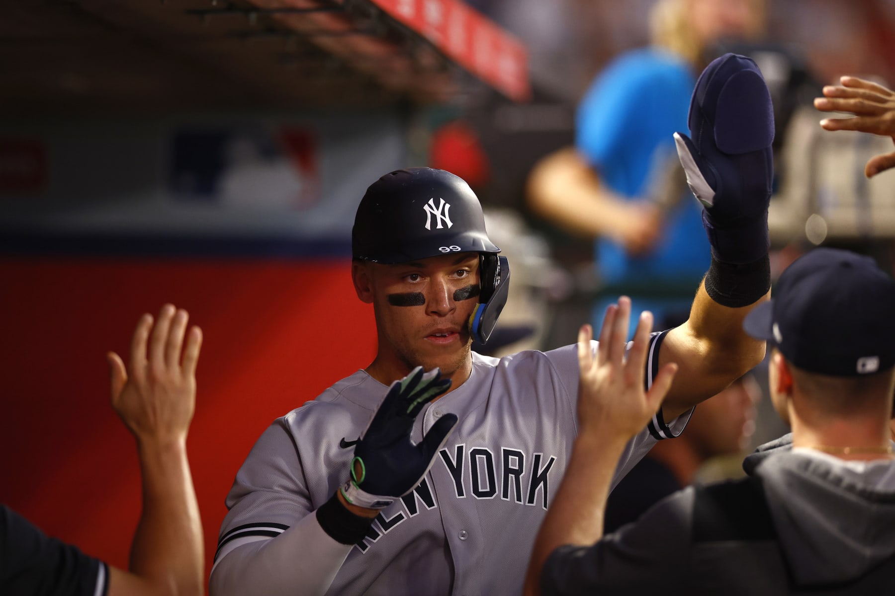 ANAHEIM, CALIFORNIA - AUGUST 30:  Aaron Judge #99 of the New York Yankees celebrates a run against the Los Angeles Angels in the third inning at Angel Stadium of Anaheim on August 30, 2022 in Anaheim, California. (Photo by Ronald Martinez/Getty Images)
