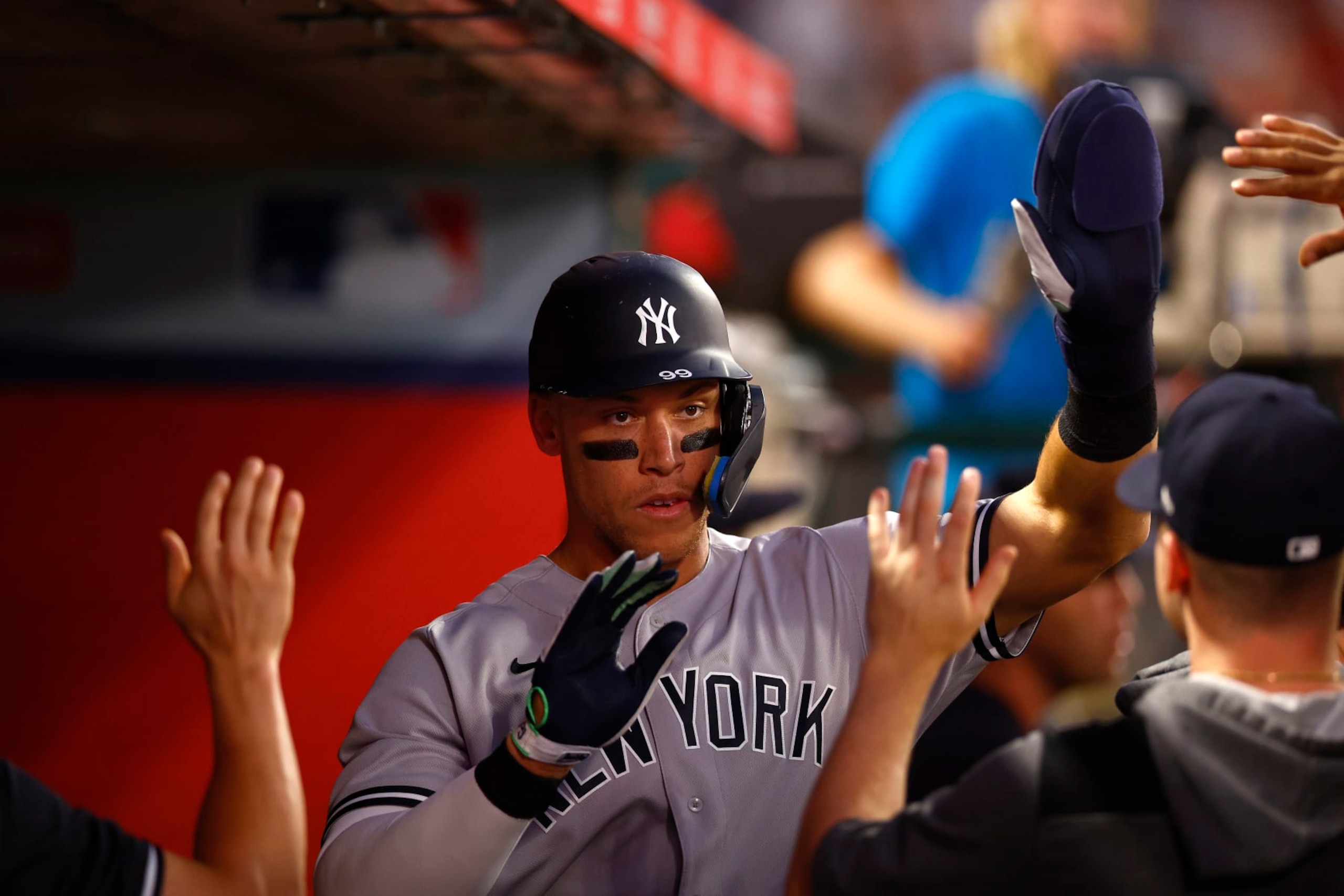 ANAHEIM, CALIFORNIA - AUGUST 30:  Aaron Judge #99 of the New York Yankees celebrates a run against the Los Angeles Angels in the third inning at Angel Stadium of Anaheim on August 30, 2022 in Anaheim, California. (Photo by Ronald Martinez/Getty Images)