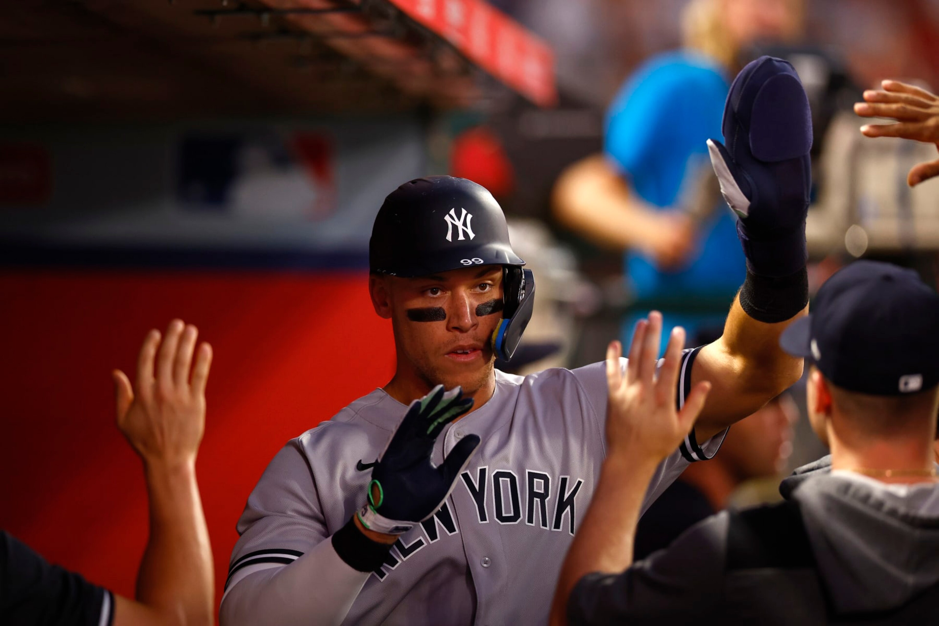 ANAHEIM, CALIFORNIA - AUGUST 30: Aaron Judge #99 of the New York Yankees celebrates a run against the Los Angeles Angels in the third inning at Angel Stadium of Anaheim on August 30, 2022 in Anaheim, California. (Photo by Ronald Martinez/Getty Images) ANAHEIM, CALIFORNIA - AUGUST 30: Aaron Judge #99 of the New York Yankees celebrates a run against the Los Angeles Angels in the third inning at Angel Stadium of Anaheim on August 30, 2022 in Anaheim, California. (Photo by Ronald Martinez/Getty Images)