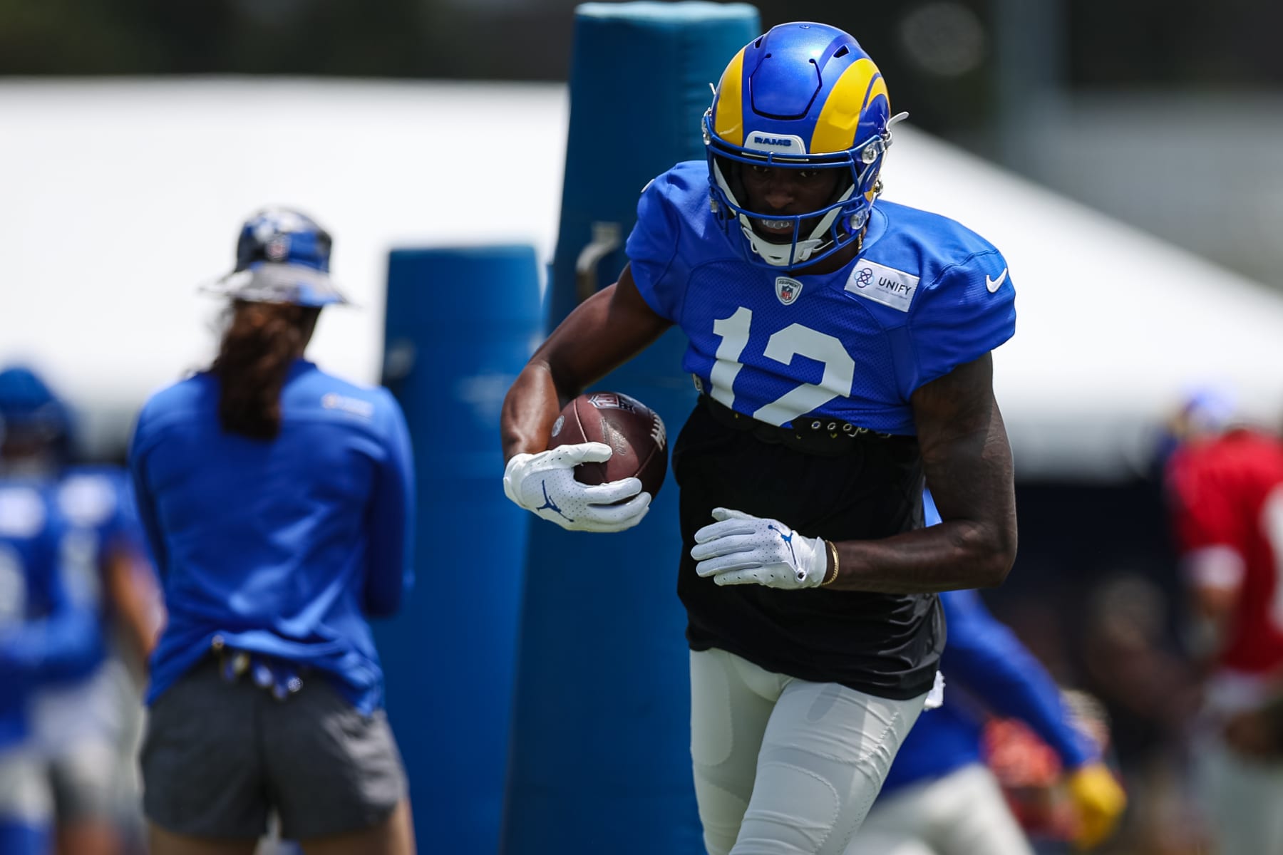 IRVINE, CA - JULY 29: Van Jefferson #12 of the Los Angeles Rams participates in a drill during training camp at University of California Irvine on July 29, 2022 in Irvine, California. (Photo by Scott Taetsch/Getty Images)