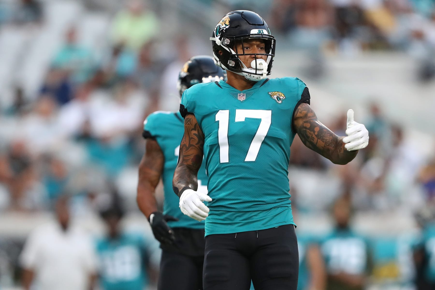 JACKSONVILLE, FLORIDA - AUGUST 20: Evan Engram #17 of the Jacksonville Jaguars looks on in the first half against the Pittsburgh Steelers at TIAA Bank Field on August 20, 2022 in Jacksonville, Florida. (Photo by Courtney Culbreath/Getty Images)