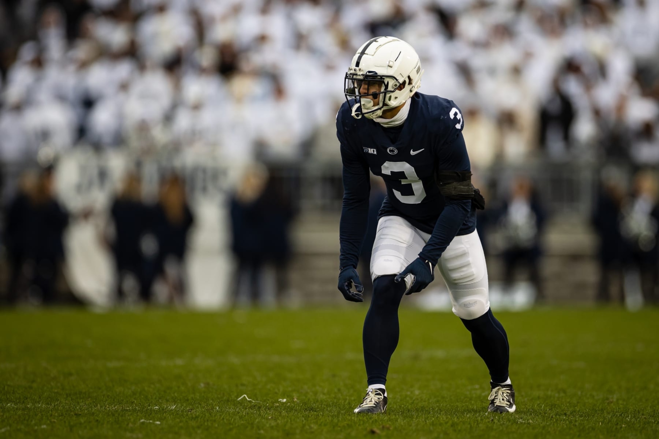 STATE COLLEGE, PA - NOVEMBER 13: Parker Washington #3 of the Penn State Nittany Lions lines up against the Michigan Wolverines during the second half at Beaver Stadium on November 13, 2021 in State College, Pennsylvania. (Photo by Scott Taetsch/Getty Images)