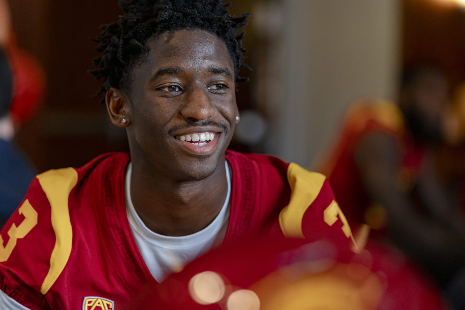 Los Angeles, CA - August 04: USC wide receiver Jordan Addison talks with reporters on media day at University of Southern California on Thursday, Aug. 4, 2022 in Los Angeles, CA. (Wesley Lapointe / Los Angeles Times via Getty Images)