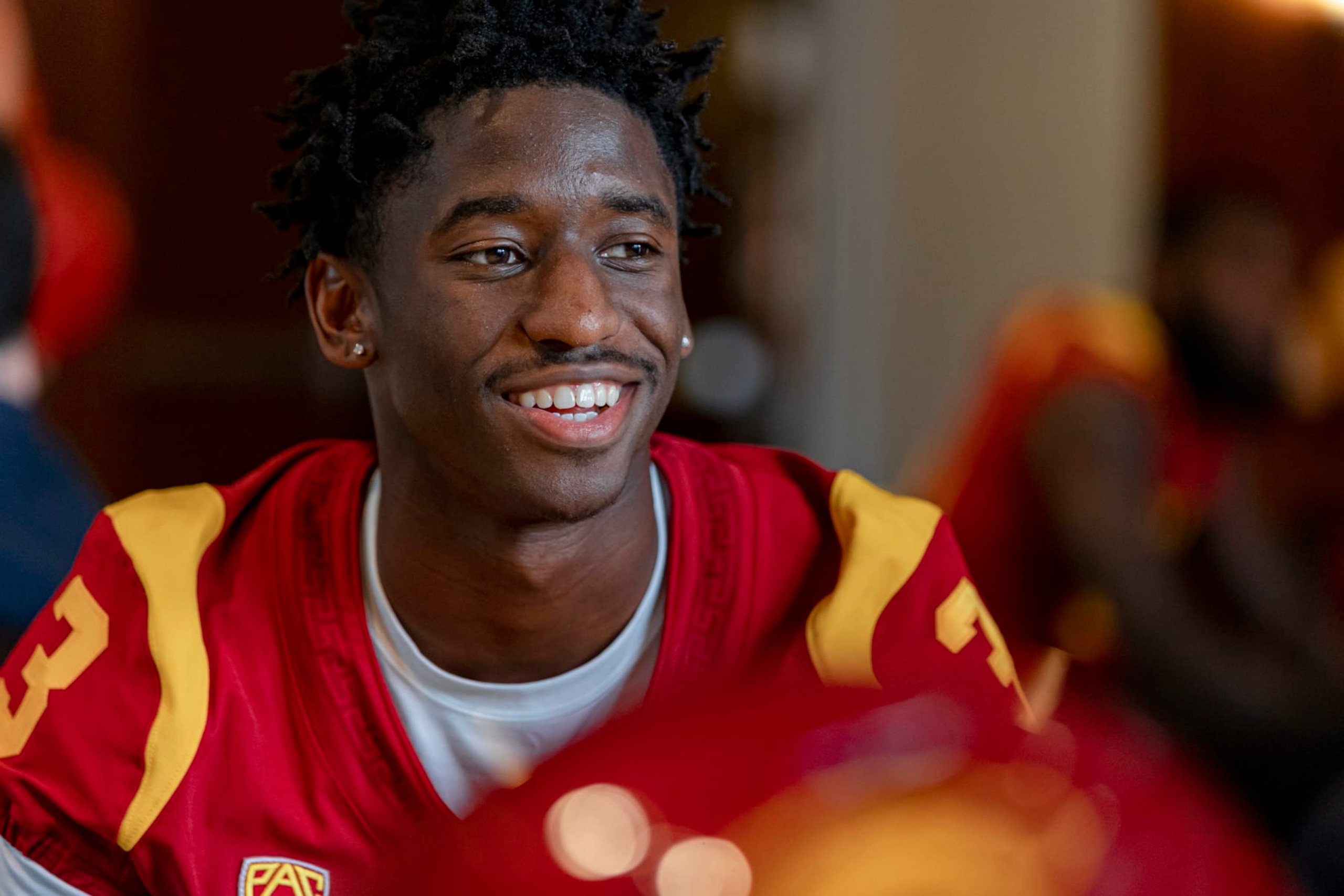 Los Angeles, CA - August 04: USC wide receiver Jordan Addison talks with reporters on media day at University of Southern California on Thursday, Aug. 4, 2022 in Los Angeles, CA. (Wesley Lapointe / Los Angeles Times via Getty Images)