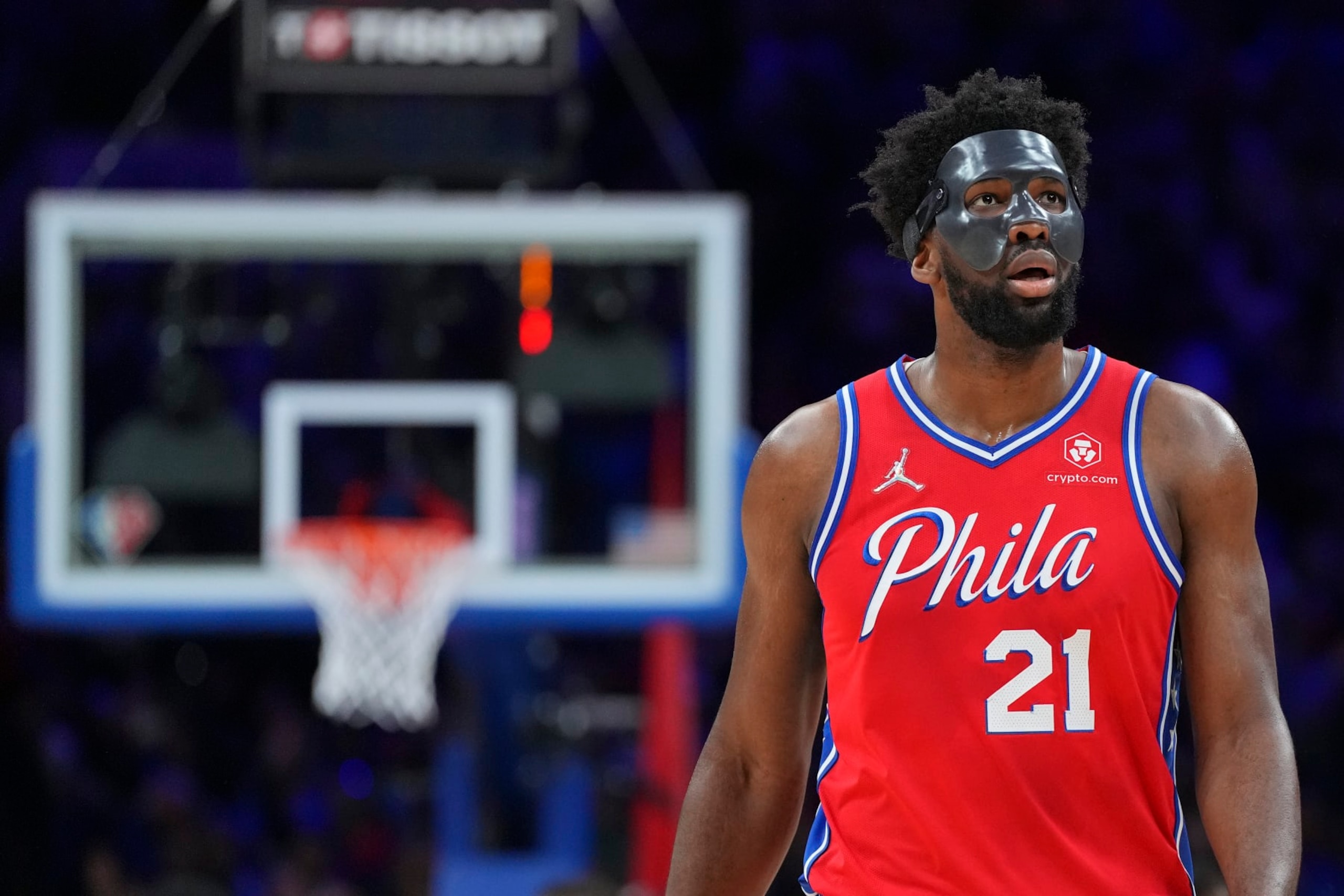 PHILADELPHIA, PA - MAY 08: Joel Embiid #21 of the Philadelphia 76ers looks on against the Miami Heat during Game Four of the 2022 NBA Playoffs Eastern Conference Semifinals at the Wells Fargo Center on May 8, 2022 in Philadelphia, Pennsylvania. The 76ers defeated the Heat 116-108. NOTE TO USER: User expressly acknowledges and agrees that, by downloading and or using this photograph, User is consenting to the terms and conditions of the Getty Images License Agreement. (Photo by Mitchell Leff/Getty Images)