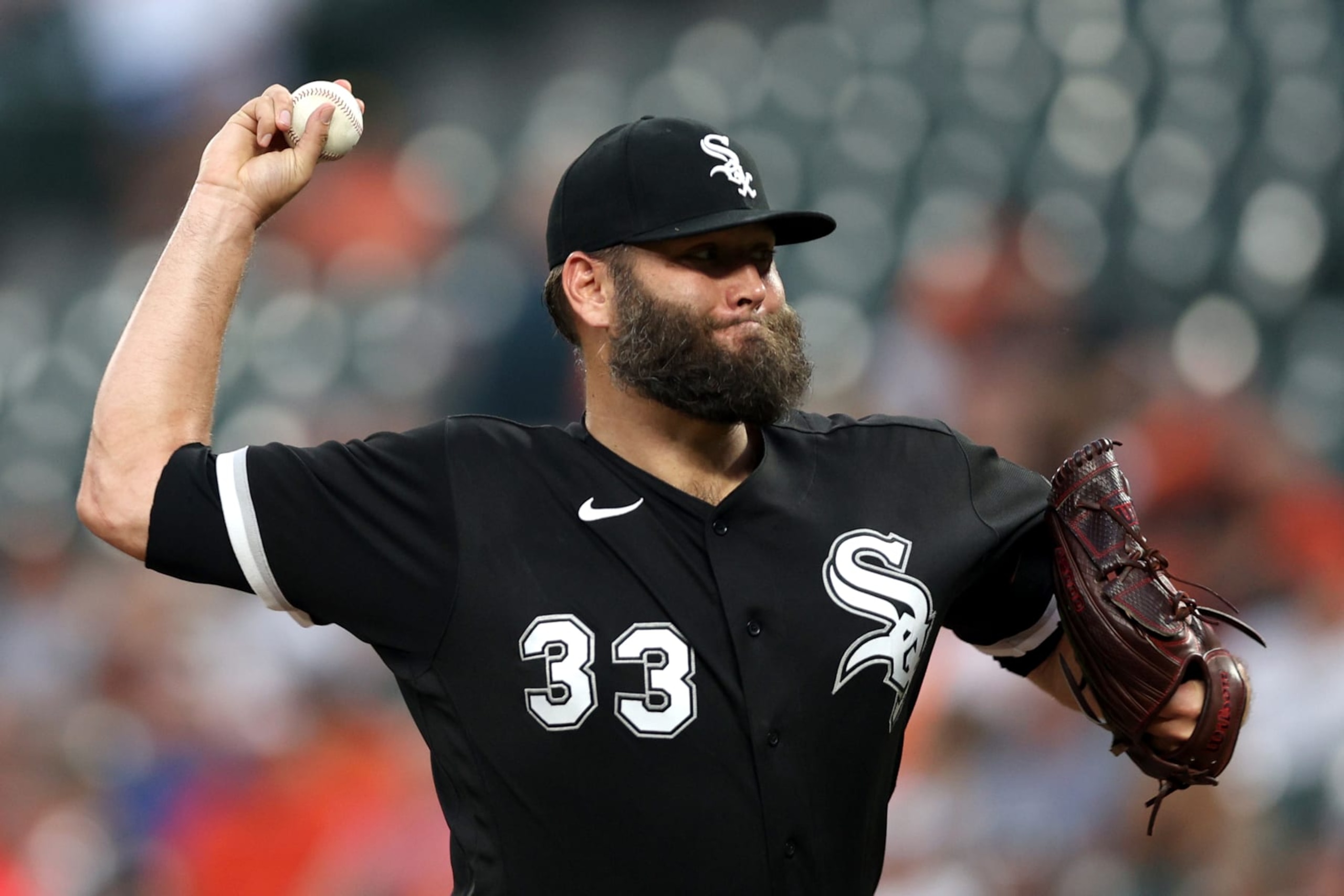 BALTIMORE, MARYLAND - AUGUST 25: Lance Lynn #33 of the Chicago White Sox throws to a Baltimore Orioles batter in the first inning at Oriole Park at Camden Yards on August 25, 2022 in Baltimore, Maryland. (Photo by Rob Carr/Getty Images)