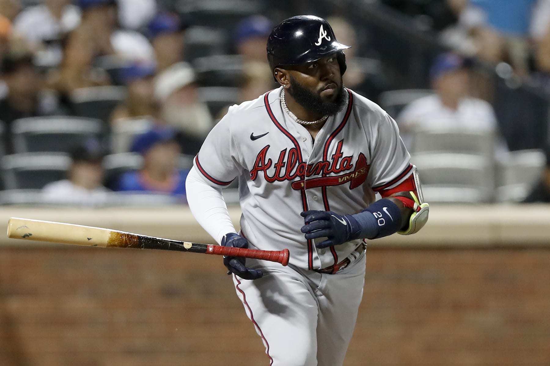 NEW YORK, NEW YORK - AUGUST 05:  Marcell Ozuna #20 of the Atlanta Braves in action against the New York Mets at Citi Field on August 05, 2022 in New York City. The Braves defeated the Mets 9-6. (Photo by Jim McIsaac/Getty Images)