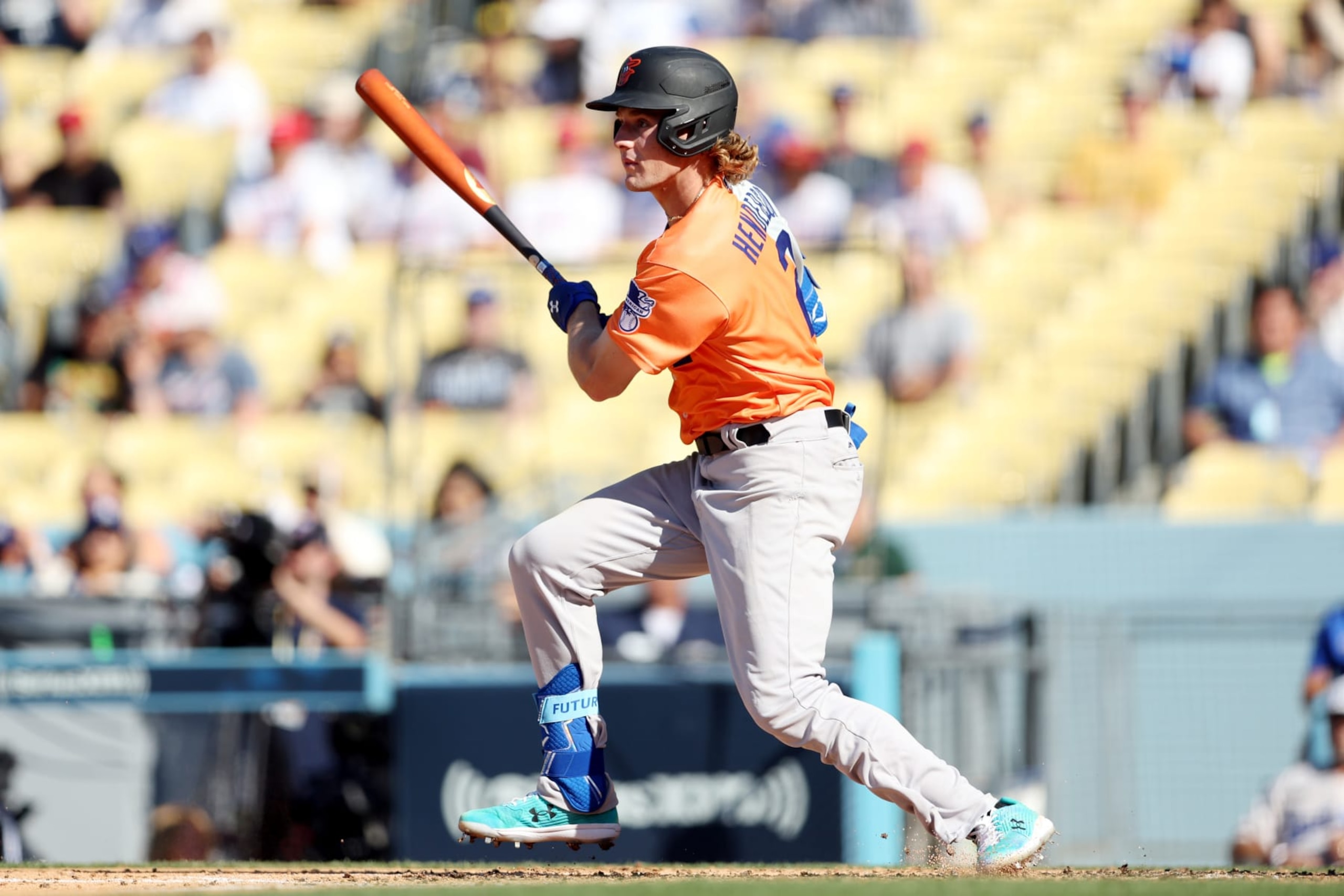 LOS ANGELES, CA - JULY 16: Gunnar Henderson #2 of the Baltimore Orioles bats during the 2022 SiriusXM All-Star Futures Game at Dodger Stadium on Saturday, July 16, 2022 in Los Angeles, California. (Photo by Rob Tringali/MLB Photos via Getty Images) LOS ANGELES, CA - JULY 16: Gunnar Henderson #2 of the Baltimore Orioles bats during the 2022 SiriusXM All-Star Futures Game at Dodger Stadium on Saturday, July 16, 2022 in Los Angeles, California. (Photo by Rob Tringali/MLB Photos via Getty Images)