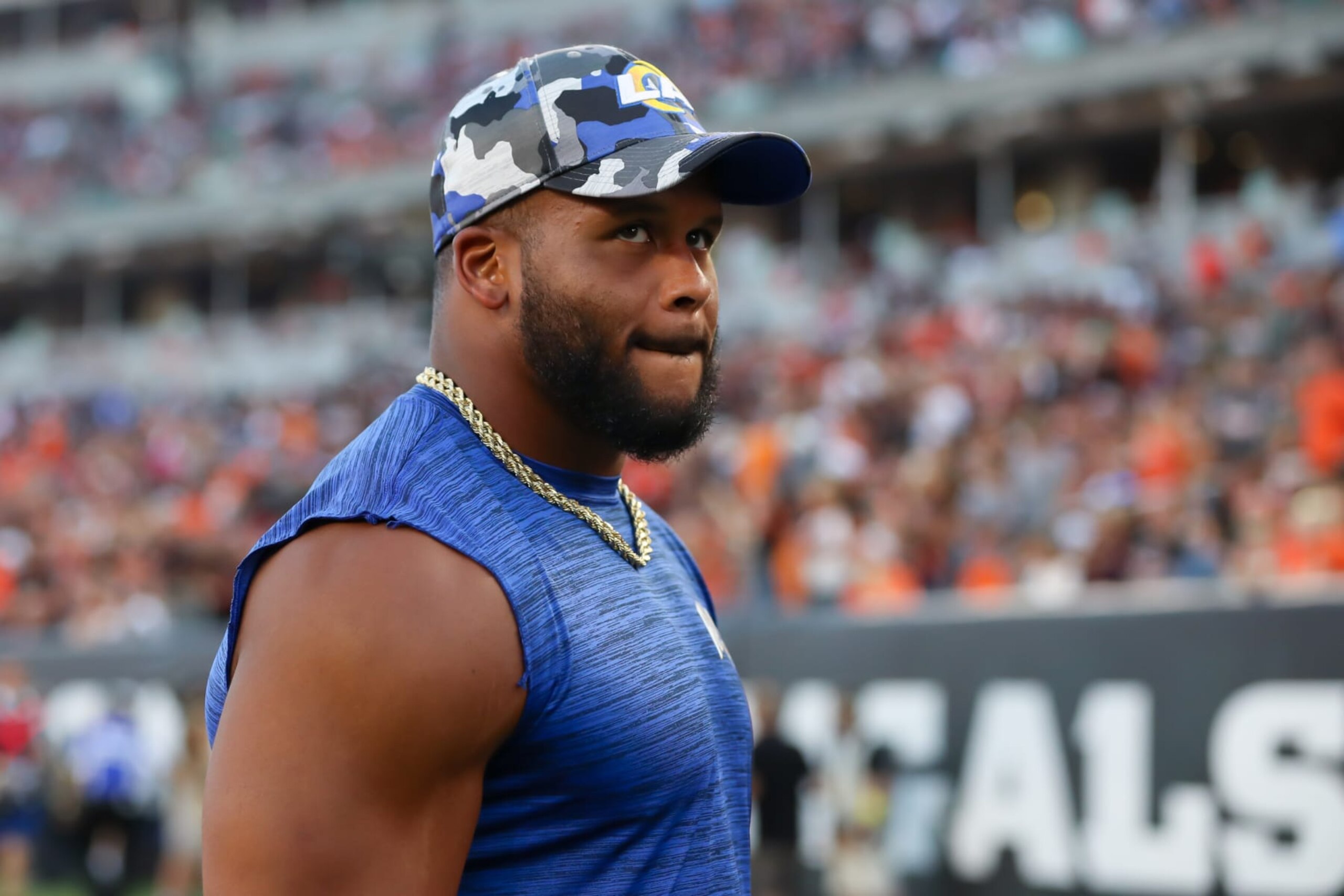 CINCINNATI, OH - AUGUST 27: Los Angeles Rams defensive tackle Aaron Donald (99) during the game against the Los Angeles Rams and the Cincinnati Bengals on August 27, 2022, at Paycor Stadium in Cincinnati, OH. (Photo by Ian Johnson/Icon Sportswire via Getty Images)