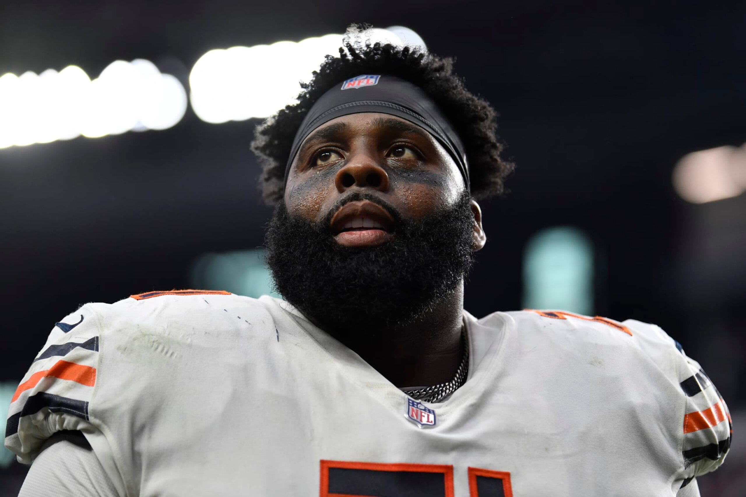 LAS VEGAS, NEVADA - OCTOBER 10:  Offensive tackle Jason Peters #71 of the Chicago Bears reacts after a victory against the Las Vegas Raiders at Allegiant Stadium on October 10, 2021 in Las Vegas, Nevada. The Bears defeated the Raiders 20-9. (Photo by Chris Unger/Getty Images)