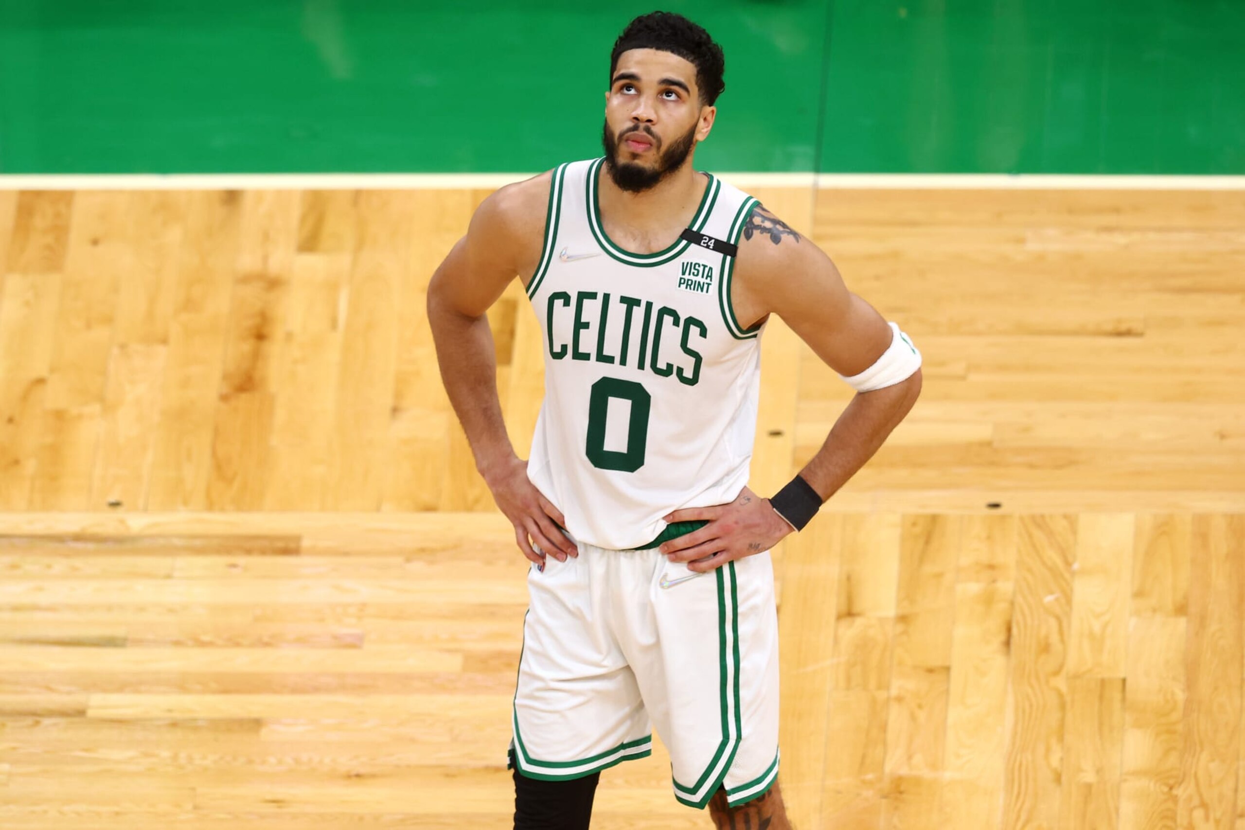 BOSTON, MASSACHUSETTS - JUNE 16: Jayson Tatum #0 of the Boston Celtics reacts against the Golden State Warriors during the fourth quarter in Game Six of the 2022 NBA Finals at TD Garden on June 16, 2022 in Boston, Massachusetts. NOTE TO USER: User expressly acknowledges and agrees that, by downloading and/or using this photograph, User is consenting to the terms and conditions of the Getty Images License Agreement. (Photo by Adam Glanzman/Getty Images) BOSTON, MASSACHUSETTS - JUNE 16: Jayson Tatum #0 of the Boston Celtics reacts against the Golden State Warriors during the fourth quarter in Game Six of the 2022 NBA Finals at TD Garden on June 16, 2022 in Boston, Massachusetts. NOTE TO USER: User expressly acknowledges and agrees that, by downloading and/or using this photograph, User is consenting to the terms and conditions of the Getty Images License Agreement. (Photo by Adam Glanzman/Getty Images)