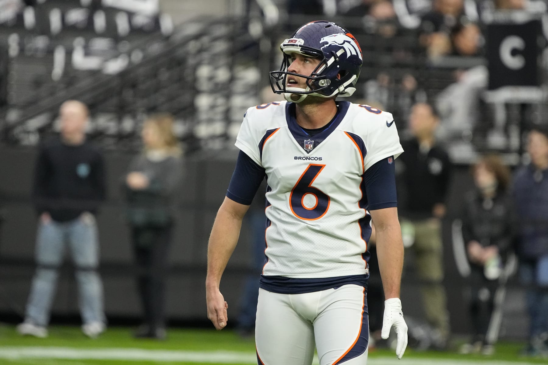 Denver Broncos punter Sam Martin (6) during the first half of an NFL football game against the Las Vegas Raiders, Sunday, Dec. 26, 2021, in Las Vegas. (AP Photo/Rick Scuteri)