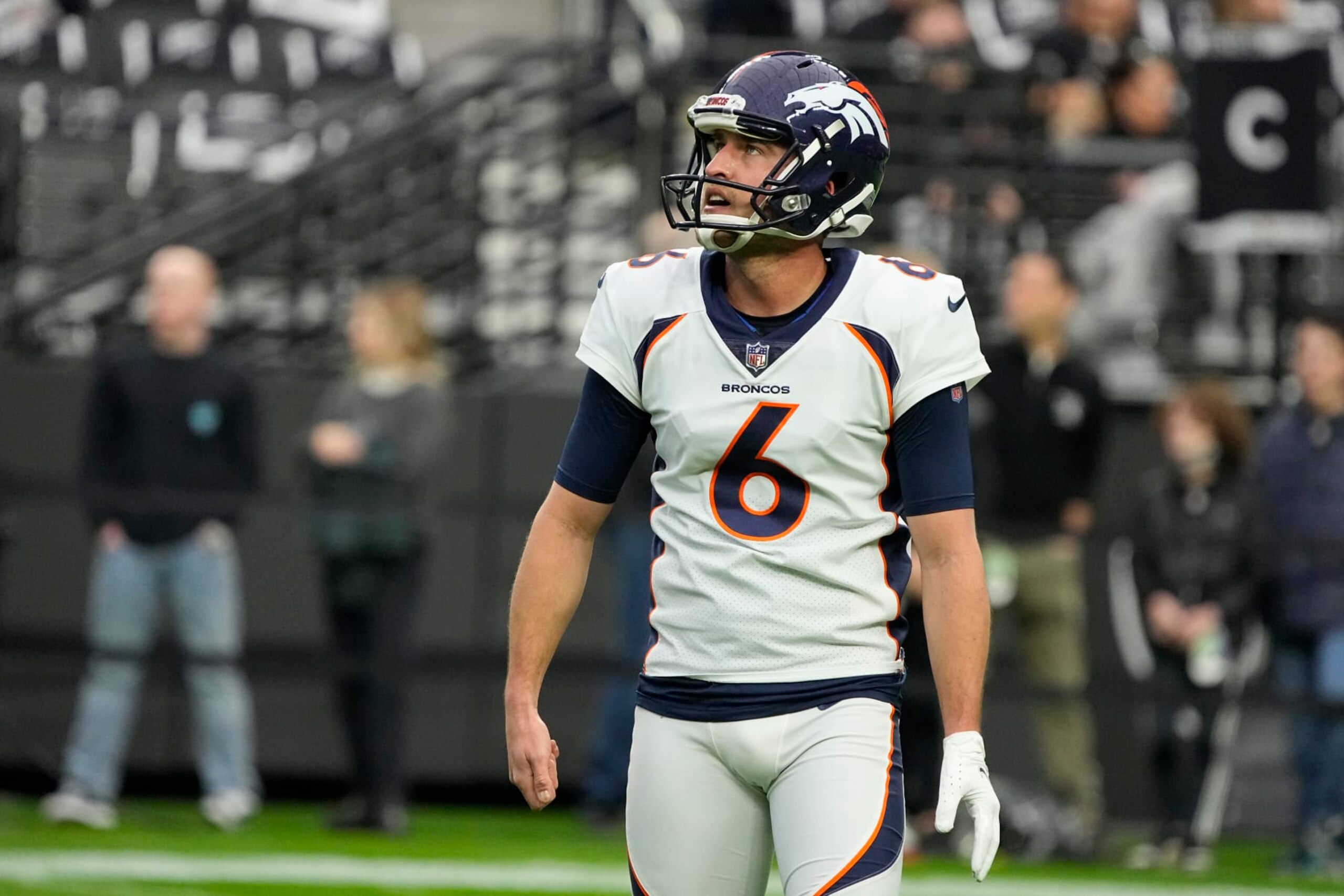 Denver Broncos punter Sam Martin (6) during the first half of an NFL football game against the Las Vegas Raiders, Sunday, Dec. 26, 2021, in Las Vegas. (AP Photo/Rick Scuteri)