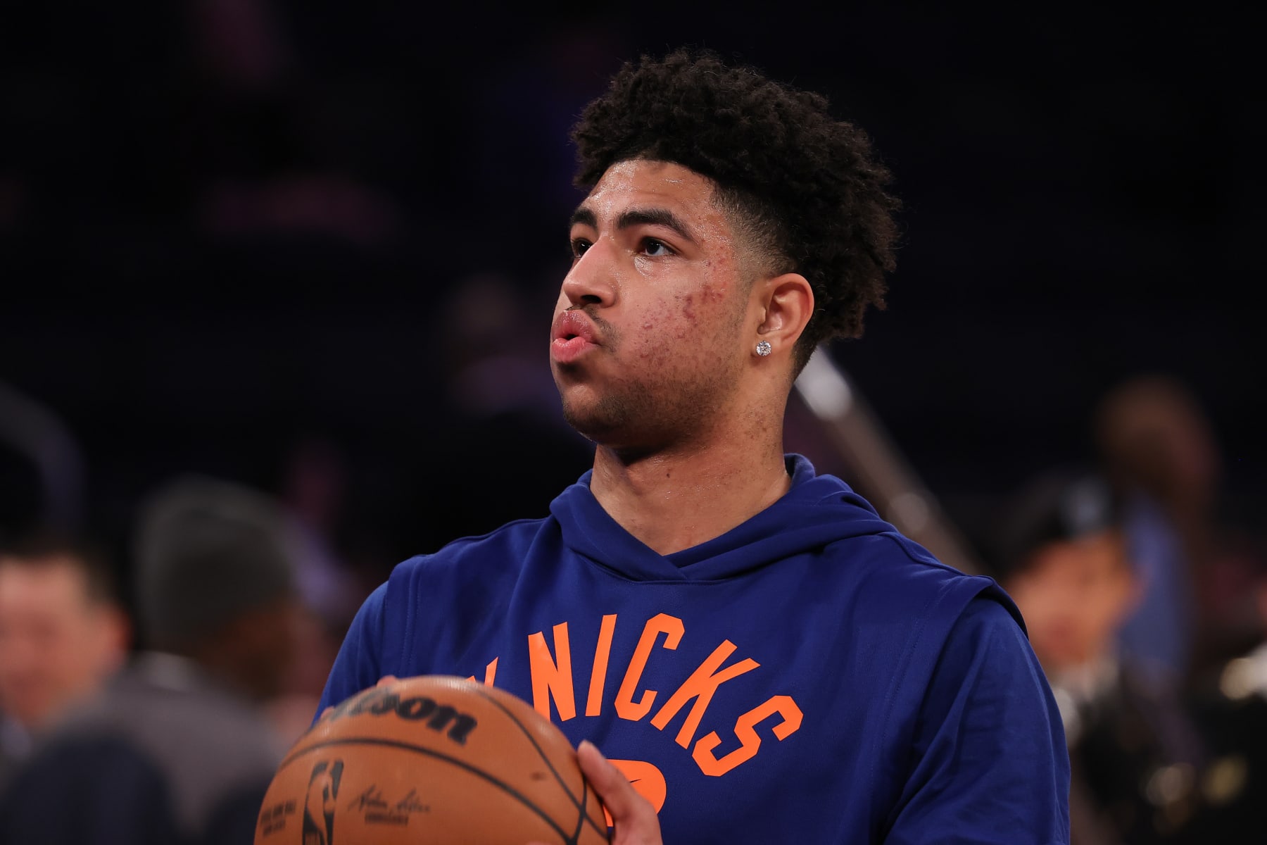 NEW YORK, NY - APRIL 2: Quentin Grimes of New York Knicks warms up before the NBA match between Cleveland Cavaliers and New York Knicks at the Madison Square Garden in New York City, United States on April 2, 2022. (Photo by Tayfun Coskun/Anadolu Agency via Getty Images)