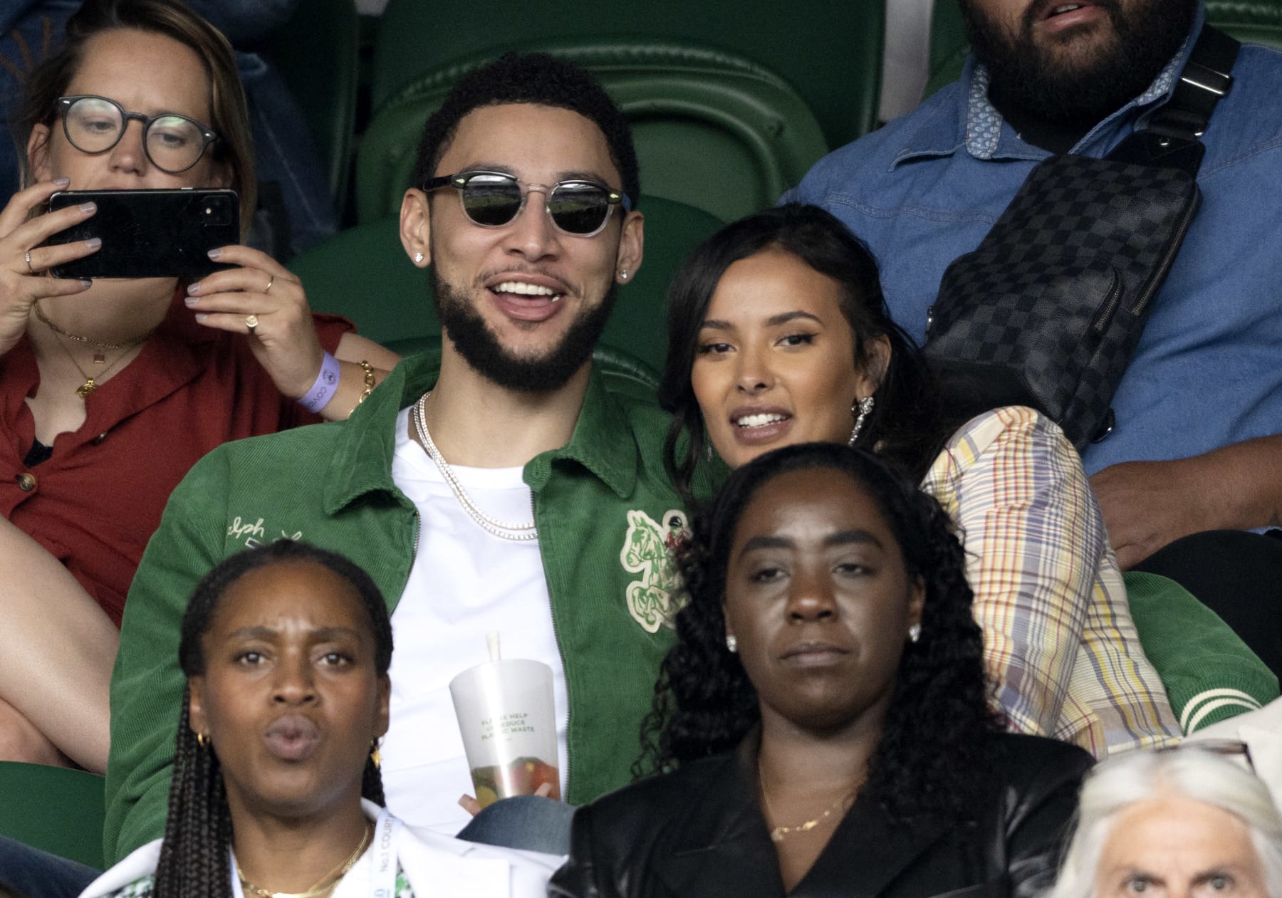 LONDON, ENGLAND - JULY 05: Maya Jama and Ben Simmons attend day 7 of the Wimbledon Tennis Championships at the All England Lawn Tennis and Croquet Club on July 05, 2021 in London, England. (Photo by Karwai Tang/WireImage)