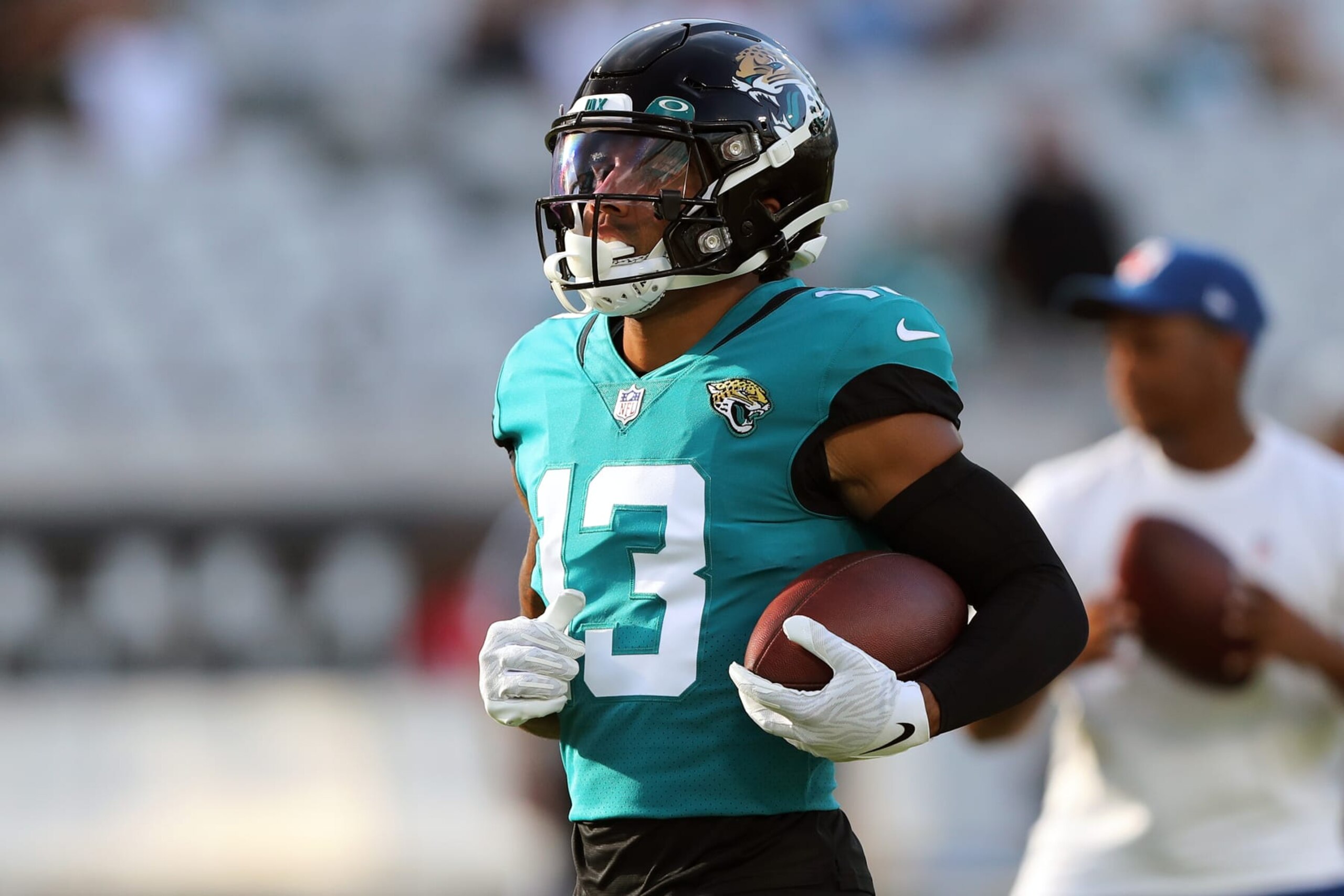 JACKSONVILLE, FLORIDA - AUGUST 20: Christian Kirk #13 of the Jacksonville Jaguars in action before the start of a preseason game against the Pittsburgh Steelers at TIAA Bank Field on August 20, 2022 in Jacksonville, Florida. (Photo by Courtney Culbreath/Getty Images)