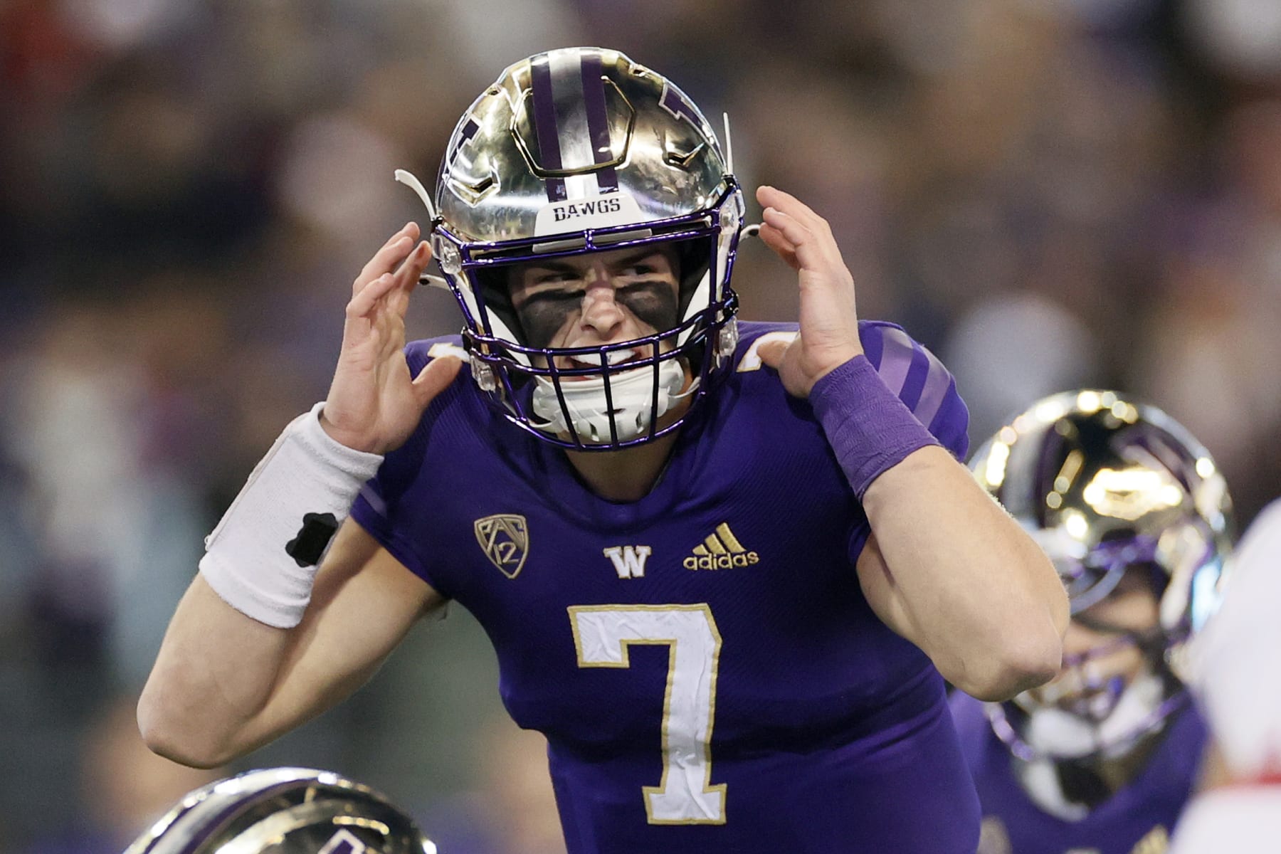 SEATTLE, WASHINGTON - NOVEMBER 26: Sam Huard #7 of the Washington Huskies in action against the Washington State Cougars during the fourth quarter at Husky Stadium on November 26, 2021 in Seattle, Washington. (Photo by Steph Chambers/Getty Images)