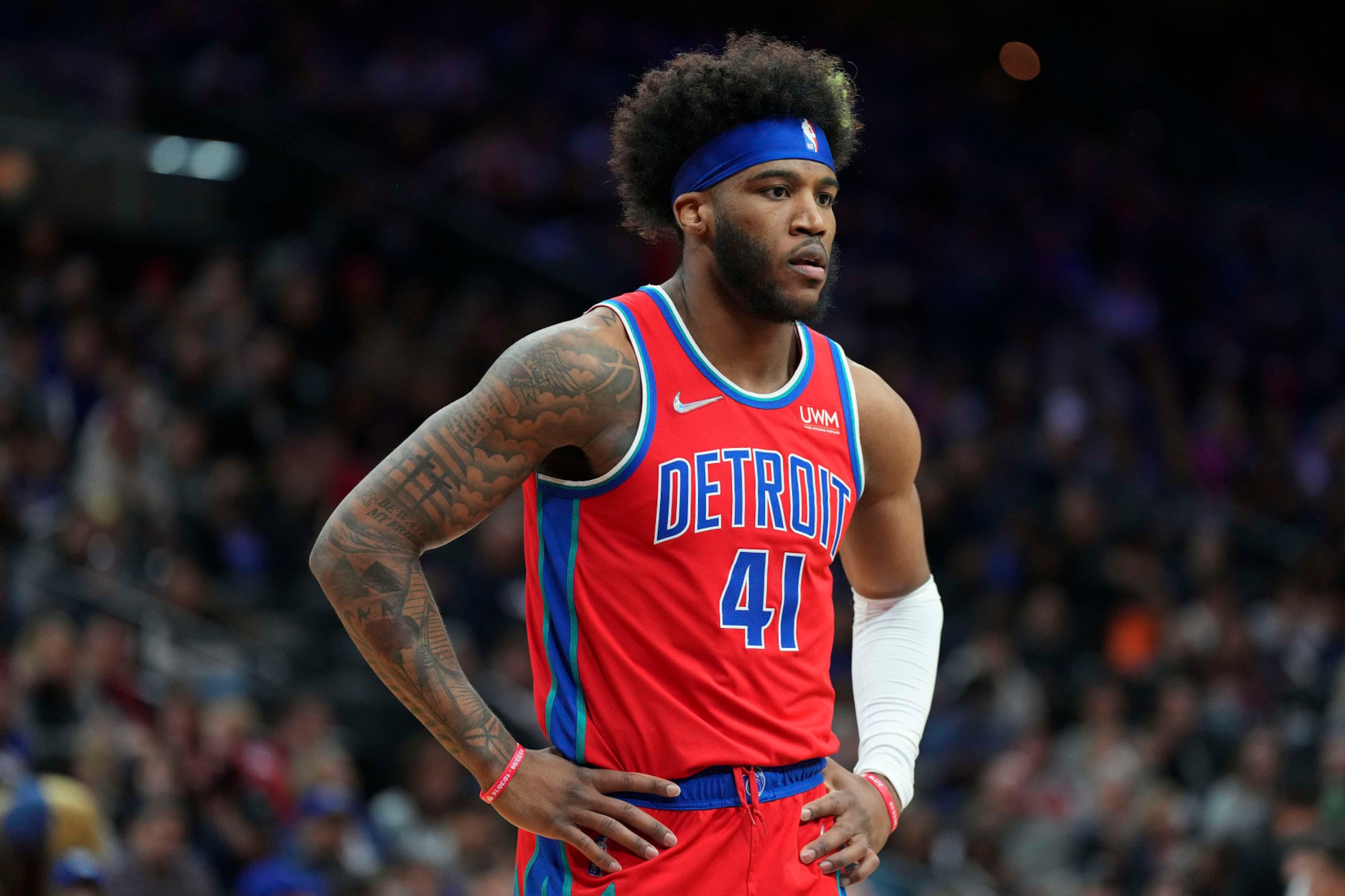 PHILADELPHIA, PA - APRIL 10: Saddiq Bey #41 of the Detroit Pistons looks on against the Philadelphia 76ers at the Wells Fargo Center on April 10, 2022 in Philadelphia, Pennsylvania. The 76ers defeated the Pistons 118-106. NOTE TO USER: User expressly acknowledges and agrees that, by downloading and or using this photograph, User is consenting to the terms and conditions of the Getty Images License Agreement. (Photo by Mitchell Leff/Getty Images) PHILADELPHIA, PA - APRIL 10: Saddiq Bey #41 of the Detroit Pistons looks on against the Philadelphia 76ers at the Wells Fargo Center on April 10, 2022 in Philadelphia, Pennsylvania. The 76ers defeated the Pistons 118-106. NOTE TO USER: User expressly acknowledges and agrees that, by downloading and or using this photograph, User is consenting to the terms and conditions of the Getty Images License Agreement. (Photo by Mitchell Leff/Getty Images)