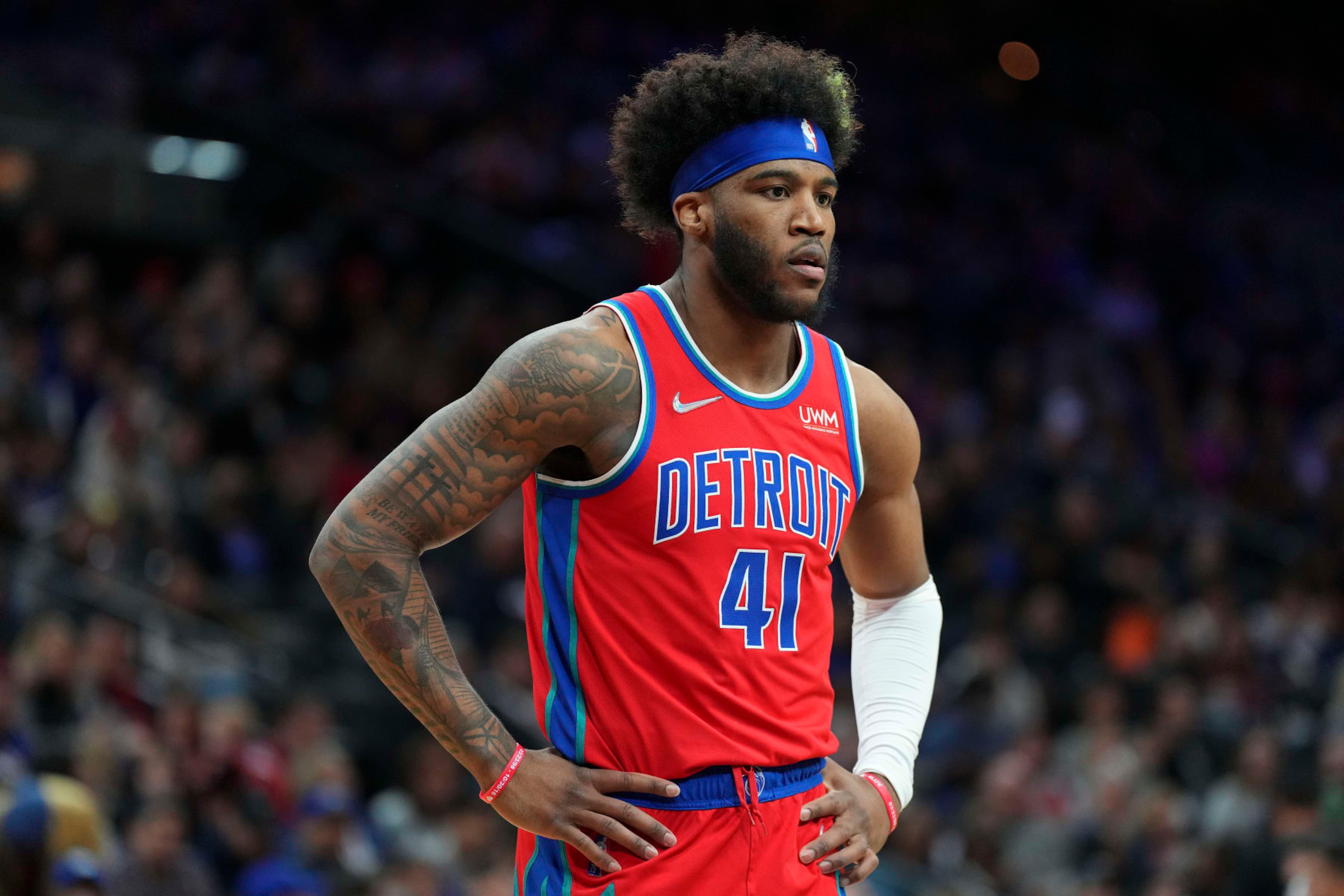 PHILADELPHIA, PA - APRIL 10: Saddiq Bey #41 of the Detroit Pistons looks on against the Philadelphia 76ers at the Wells Fargo Center on April 10, 2022 in Philadelphia, Pennsylvania. The 76ers defeated the Pistons 118-106. NOTE TO USER: User expressly acknowledges and agrees that, by downloading and or using this photograph, User is consenting to the terms and conditions of the Getty Images License Agreement. (Photo by Mitchell Leff/Getty Images)