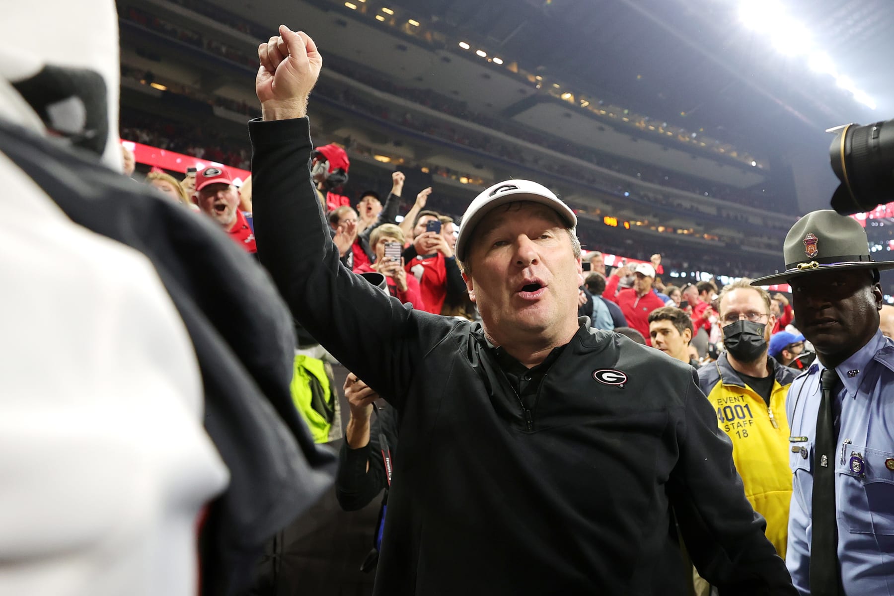 INDIANAPOLIS, INDIANA - JANUARY 10: Head coach Kirby Smart of the Georgia Bulldogs walks off the field after the Georgia Bulldogs defeated the Alabama Crimson Tide 33-18 in the 2022 CFP National Championship Game at Lucas Oil Stadium on January 10, 2022 in Indianapolis, Indiana. (Photo by Carmen Mandato/Getty Images)