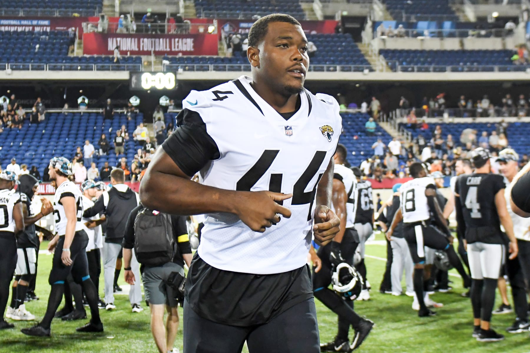 CANTON, OH - AUGUST 04: Travon Walker #44 of the Jacksonville Jaguars runs off the field after the 2022 Pro Football Hall of Fame Game against the Las Vegas Raiders at Tom Benson Hall of Fame Stadium on August 04, 2022 in Canton, Ohio. (Photo by Nick Cammett/Diamond Images via Getty Images)