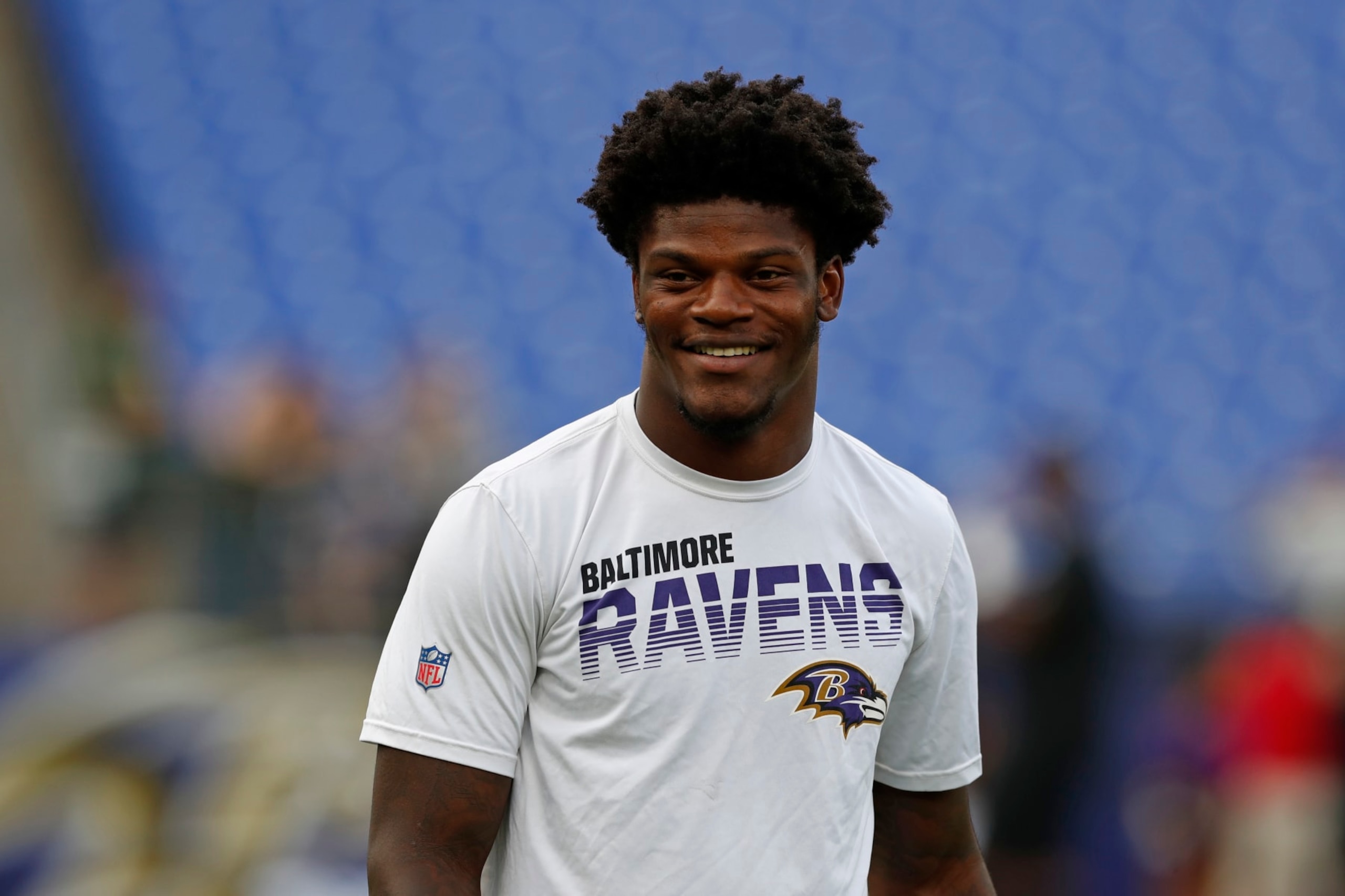 BALTIMORE, MARYLAND - AUGUST 15: Lamar Jackson #8 of the Baltimore Ravens warms up prior to a preseason game against the Green Bay Packers at M&T Bank Stadium on August 15, 2019 in Baltimore, Maryland. (Photo by Todd Olszewski/Getty Images)