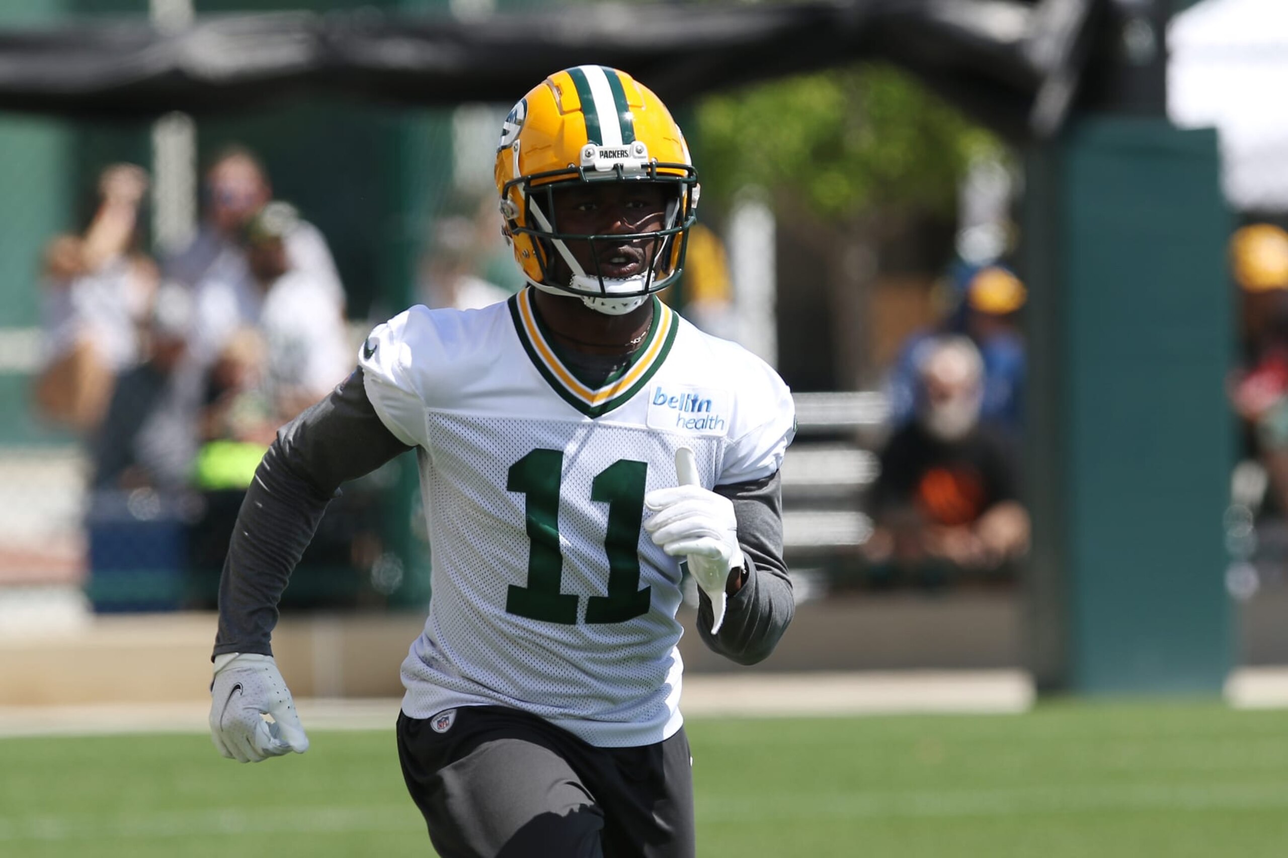 ASHWAUBENON, WI - JULY 30:  Green Bay Packers wide receiver Sammy Watkins (11) works out during Green Bay Packers training camp at Ray Nitschke Field on July 30, 2022 in Ashwaubenon, WI (Photo by Larry Radloff/Icon Sportswire via Getty Images)
