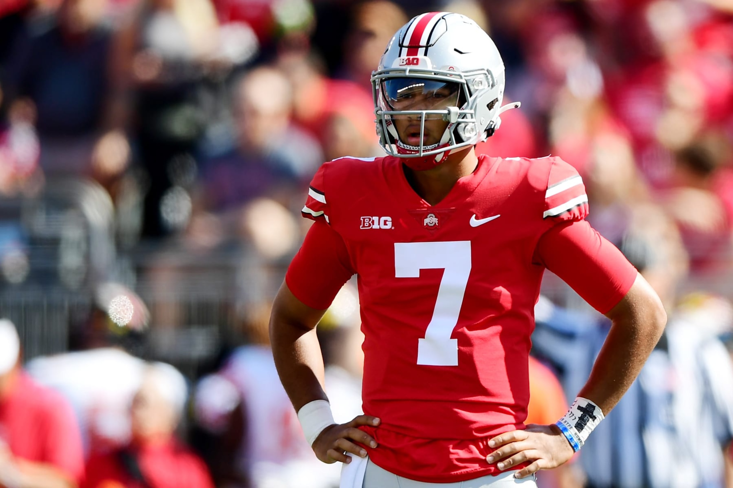 COLUMBUS, OHIO - OCTOBER 09: C.J. Stroud #7 of the Ohio State Buckeyes looks on during a game between the Maryland Terrapins and Ohio State Buckeyes at Ohio Stadium on October 09, 2021 in Columbus, Ohio. (Photo by Emilee Chinn/Getty Images)