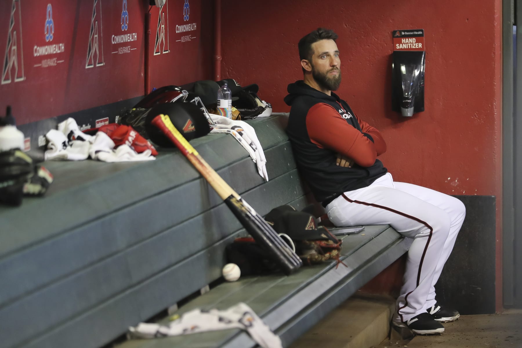 PHOENIX, ARIZONA - JULY 23: Pitcher Madison Bumgarner #40 of the Arizona Diamondbacks watches from the dugout during the MLB game against the Washington Nationals at Chase Field on July 23, 2022 in Phoenix, Arizona. (Photo by Rebecca Noble/Getty Images)