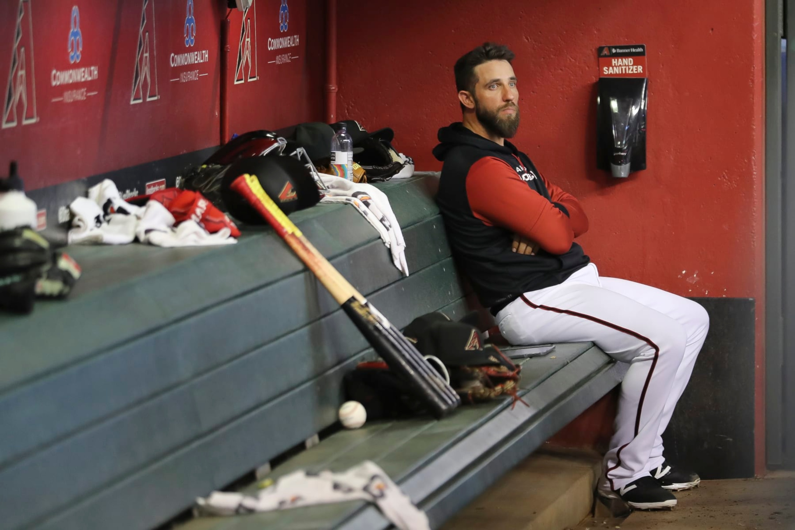 PHOENIX, ARIZONA - JULY 23: Pitcher Madison Bumgarner #40 of the Arizona Diamondbacks watches from the dugout during the MLB game against the Washington Nationals at Chase Field on July 23, 2022 in Phoenix, Arizona. (Photo by Rebecca Noble/Getty Images)