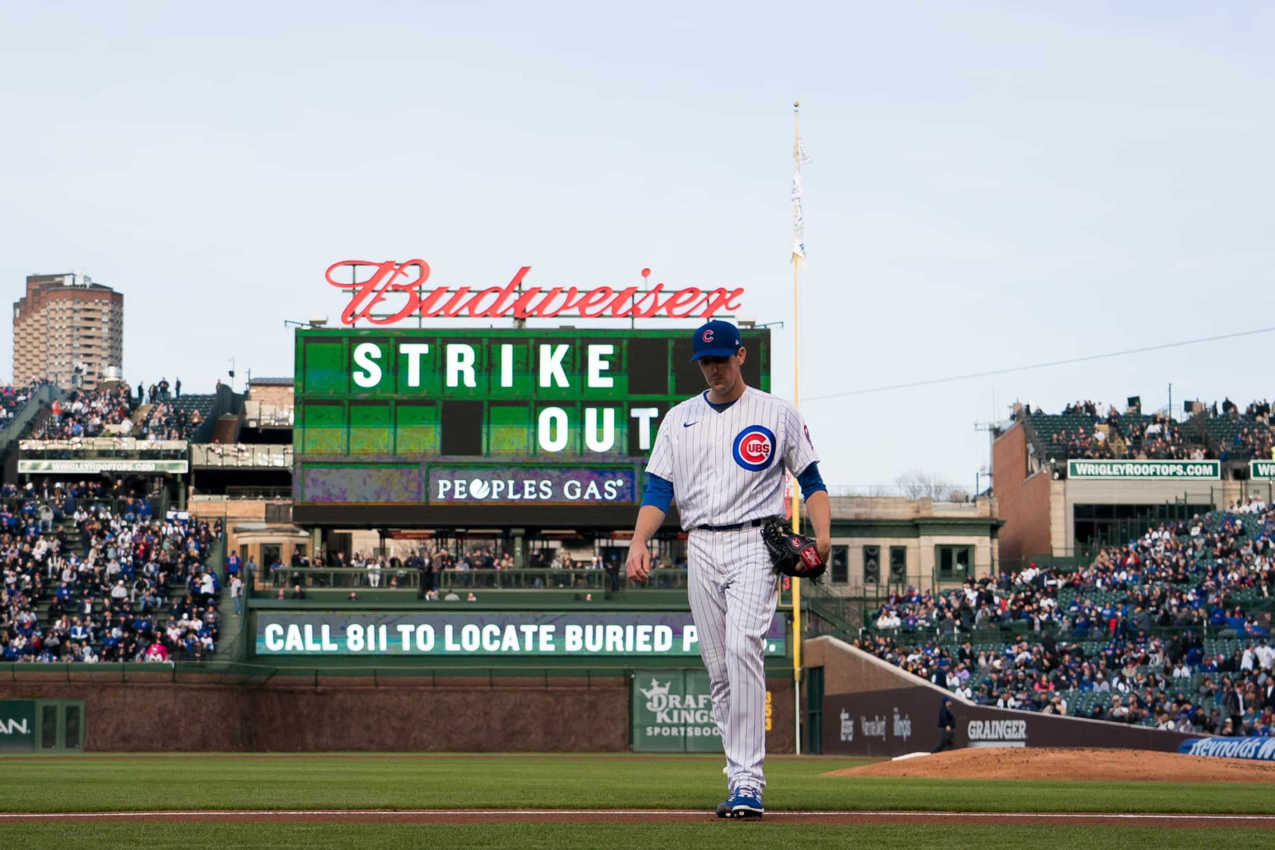 CHICAGO, IL - MAY 04: Kyle Hendricksof the Chicago Cubs leaves the field of play following a strikeout in a game against the Chicago White Sox at Wrigley Field in Chicago, Illinois. (Photo by Matt Dirksen/Getty Images)