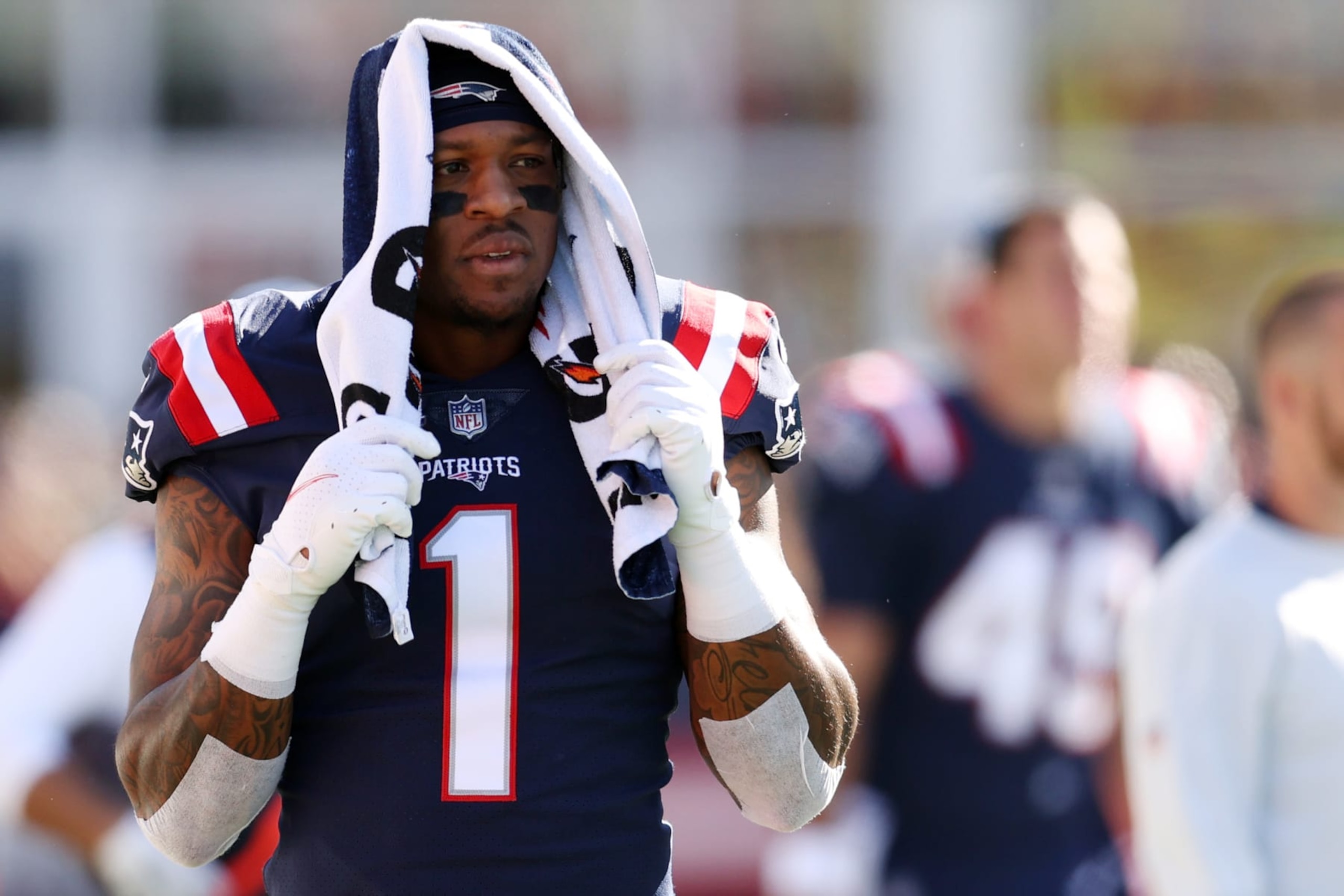 FOXBOROUGH, MASSACHUSETTS - OCTOBER 24: N'Keal Harry #1 of the New England Patriots looks on from the sidelines during the game against the New York Jets at Gillette Stadium on October 24, 2021 in Foxborough, Massachusetts. (Photo by Maddie Meyer/Getty Images)