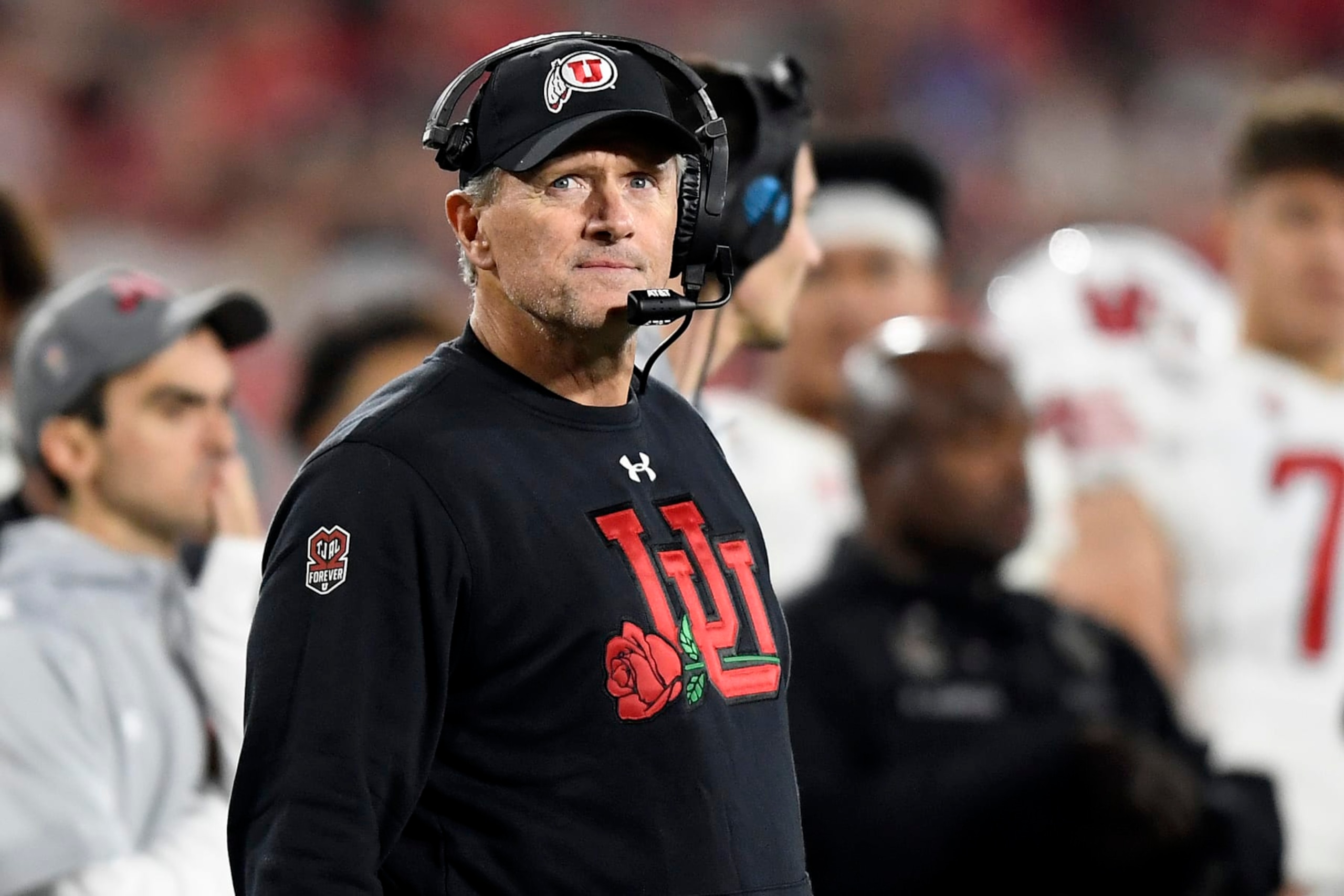 PASADENA, CALIFORNIA - JANUARY 01: Head coach Kyle Whittingham of the Utah Utes looks on during the fourth quarter against the Ohio State Buckeyes in the Rose Bowl Game at Rose Bowl Stadium on January 01, 2022 in Pasadena, California. (Photo by Kevork Djansezian/Getty Images)