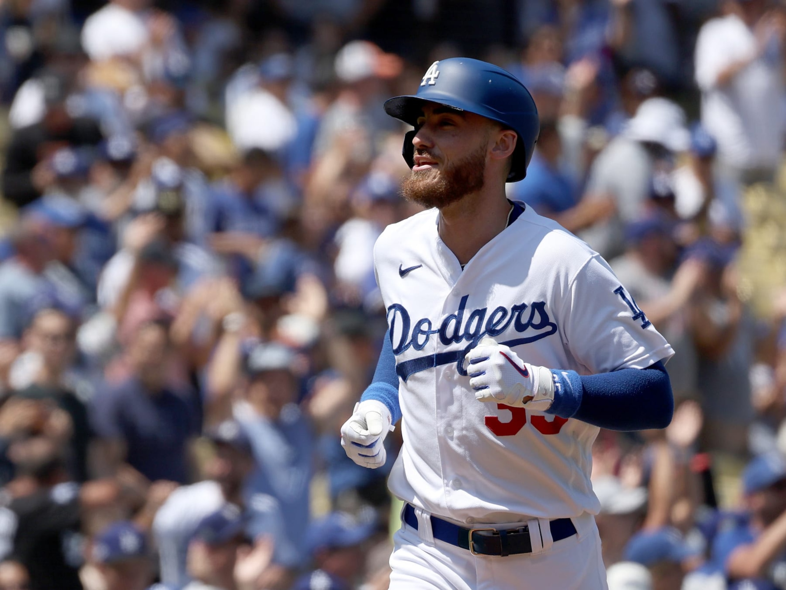 LOS ANGELES, CALIFORNIA - AUGUST 21: Cody Bellinger #35 of the Los Angeles Dodgers reacts to his two run homerun, to take a 3-0 lead over the Miami Marlins, during the second inning in a 10-3 win at Dodger Stadium on August 21, 2022 in Los Angeles, California. (Photo by Harry How/Getty Images)