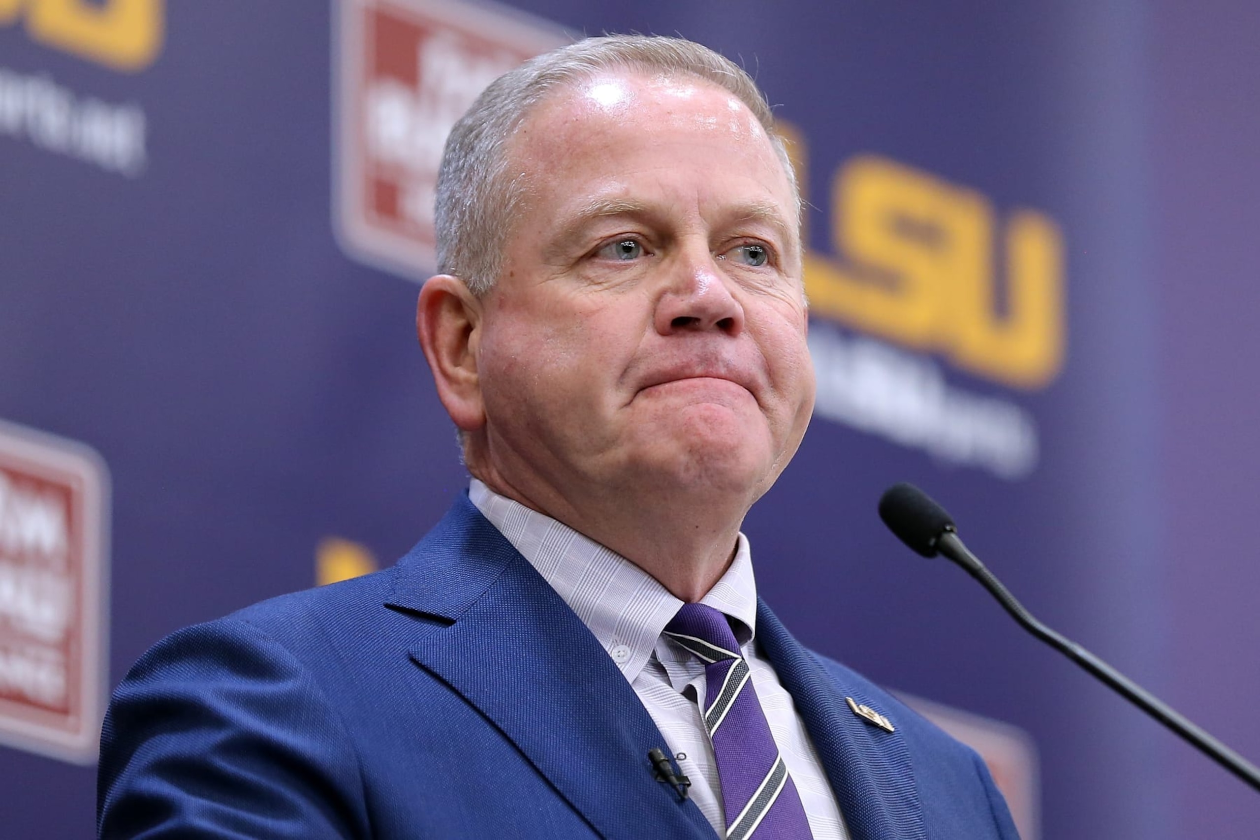 BATON ROUGE, LOUISIANA - DECEMBER 01: Brian Kelly speaks after being introduced as the head football coach of the LSU Tigers during a news conference at Tiger Stadium on December 01, 2021 in Baton Rouge, Louisiana. (Photo by Jonathan Bachman/Getty Images)